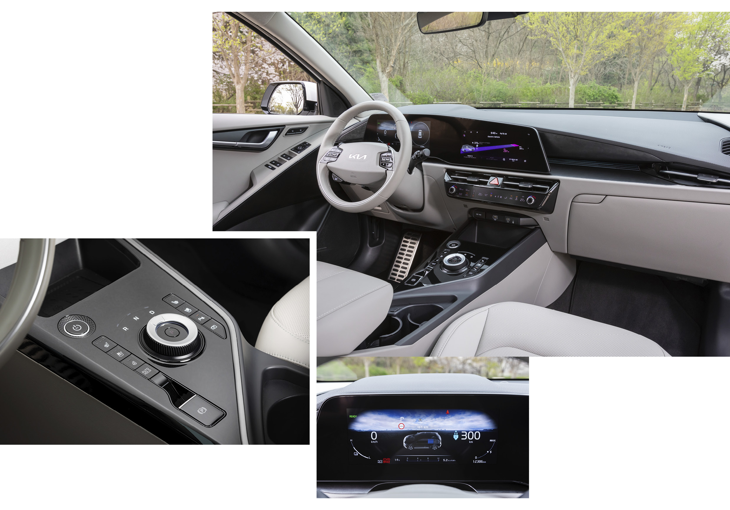 Niro EV's interior view, instrument cluster and shift dial