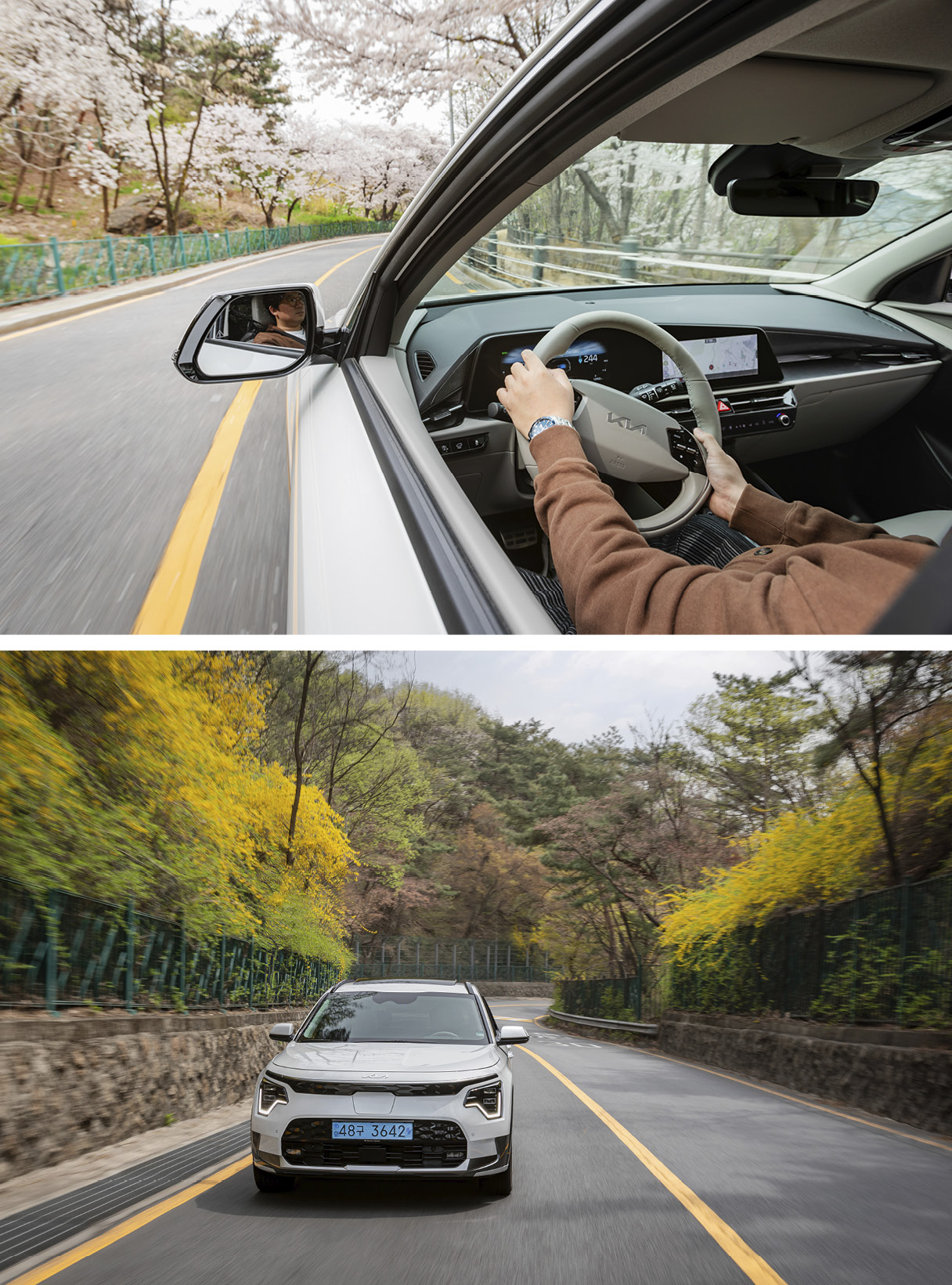 Niro EV running on a road full of spring flowers