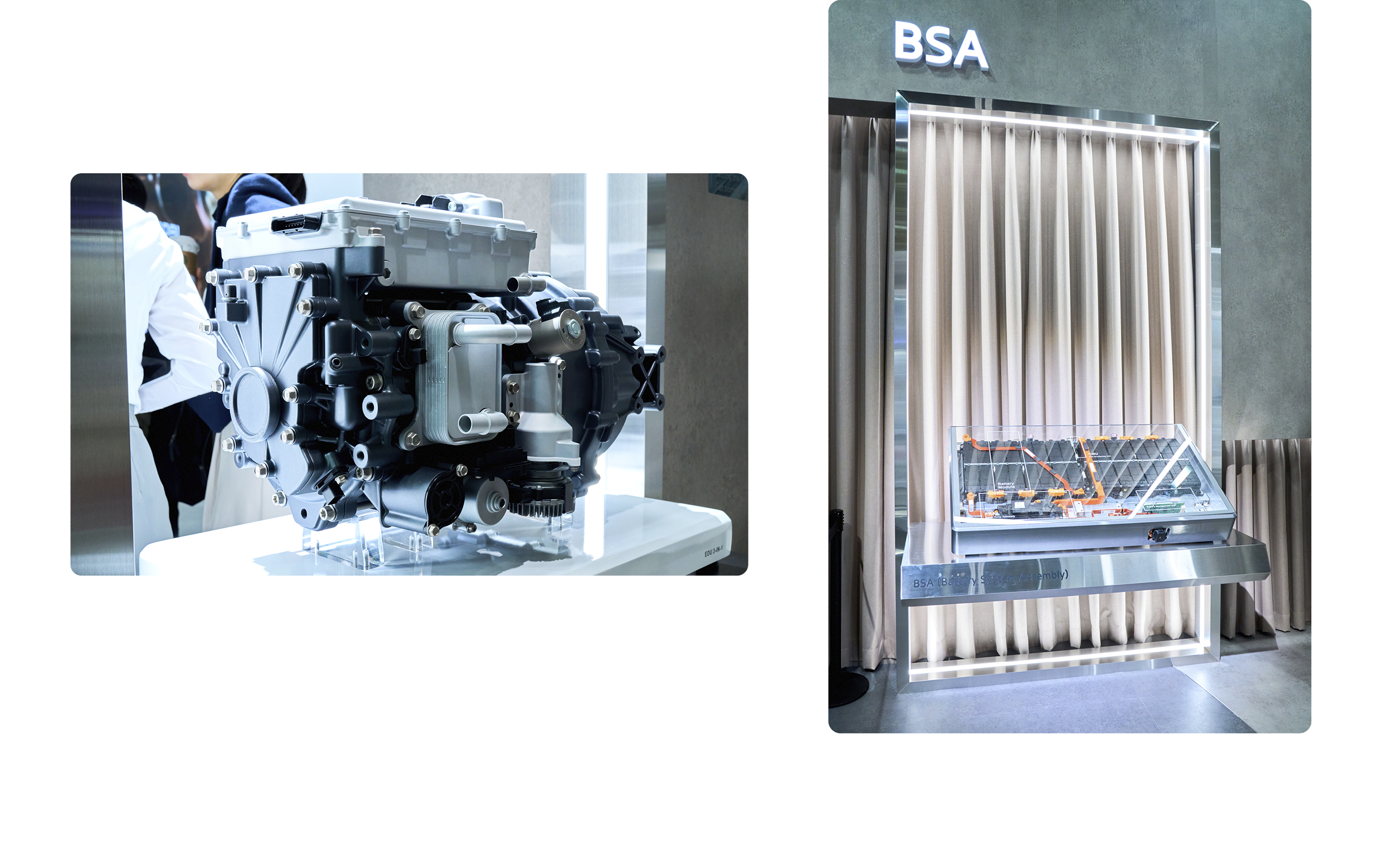 현대모비스 부스에 전시된 배터리시스템과 EDU 3-in-1