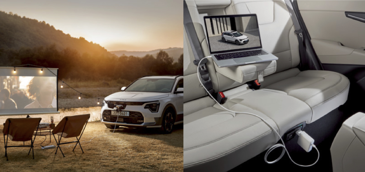 V2L로 야외 영화관을 만든 모습, V2L로 노트북 충전하는 뒷좌석 모습