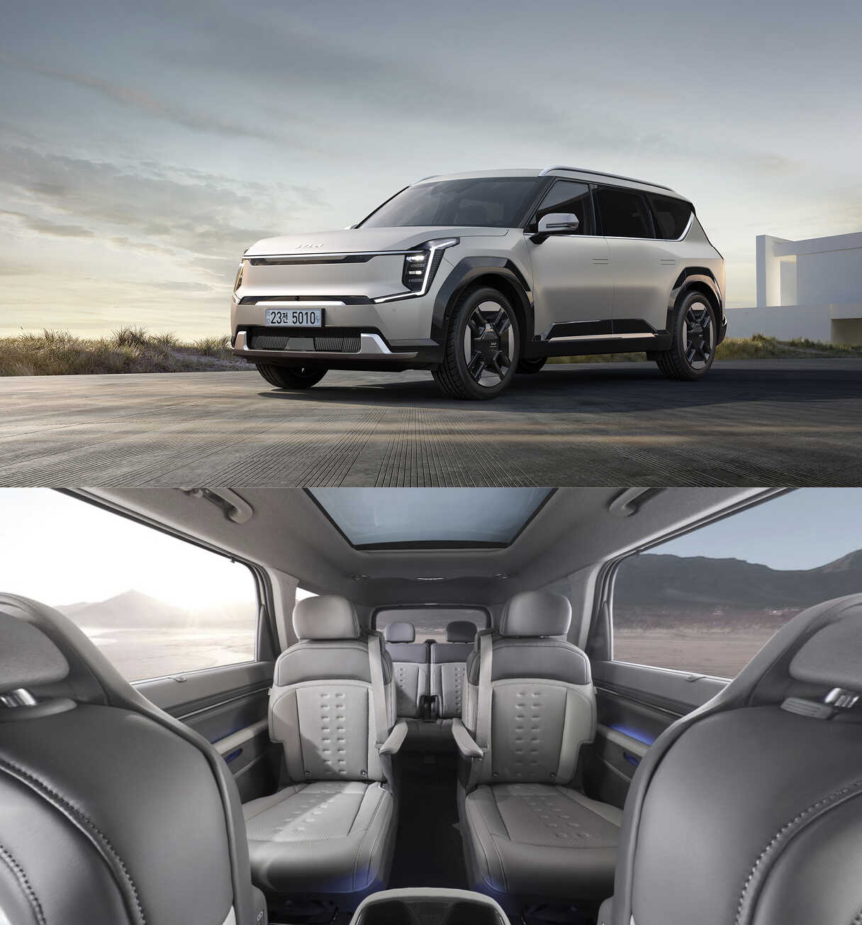 도시 배경에 주차된 은색 SUV 전측면 모습, SUV 실내를 센터콘솔에서 3열 방향으로 바라본 모습