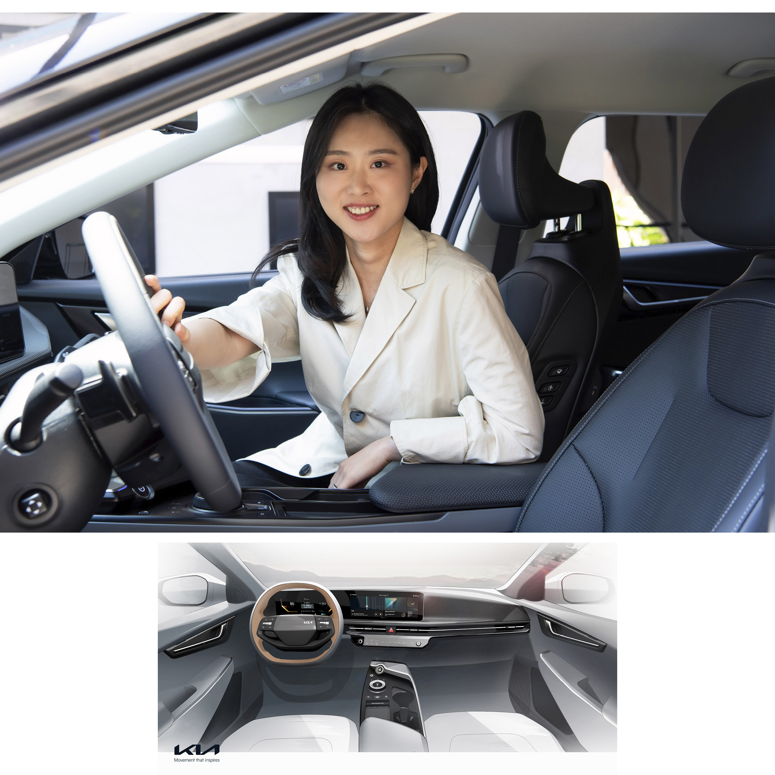 차량 실내에서 설명 중인 디자이너의 모습