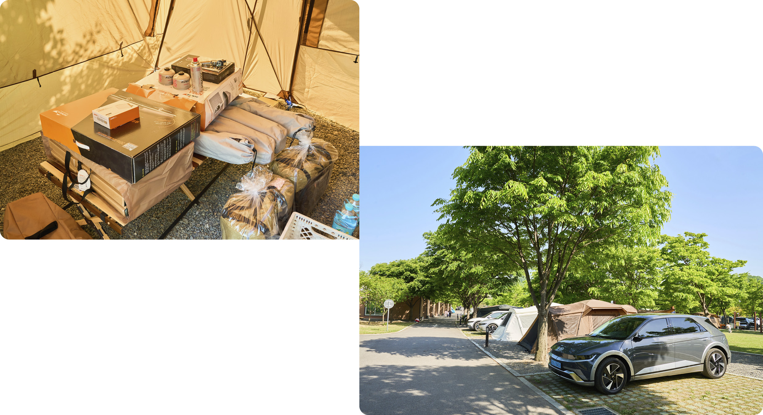 현대자동차 휠핑 행사 현장에 주차된 차량과 텐트의 모습