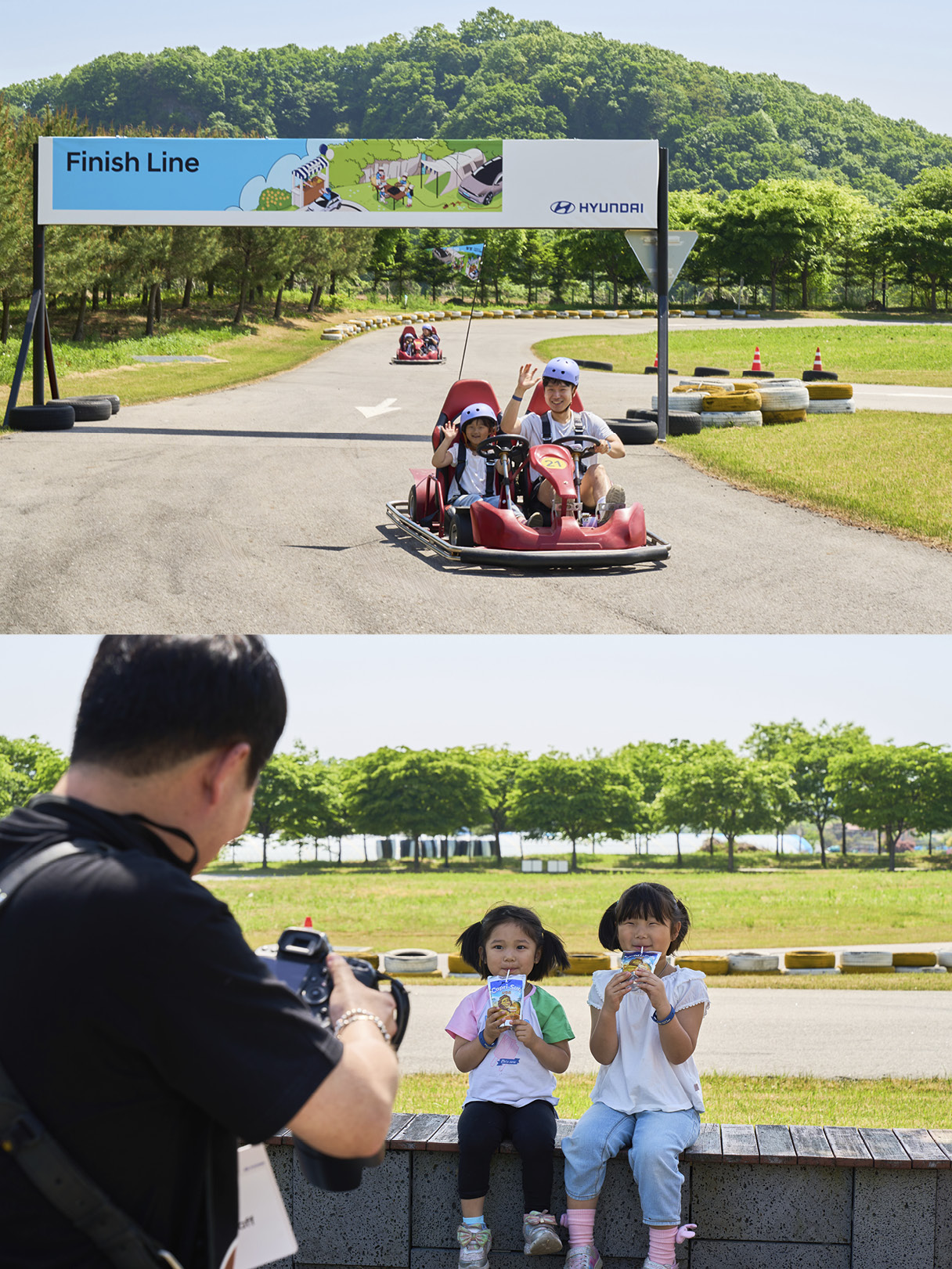 현대자동차 휠핑 행사 현장에서 체험 가능한 카트와 사진을 찍는 아이들의 모습