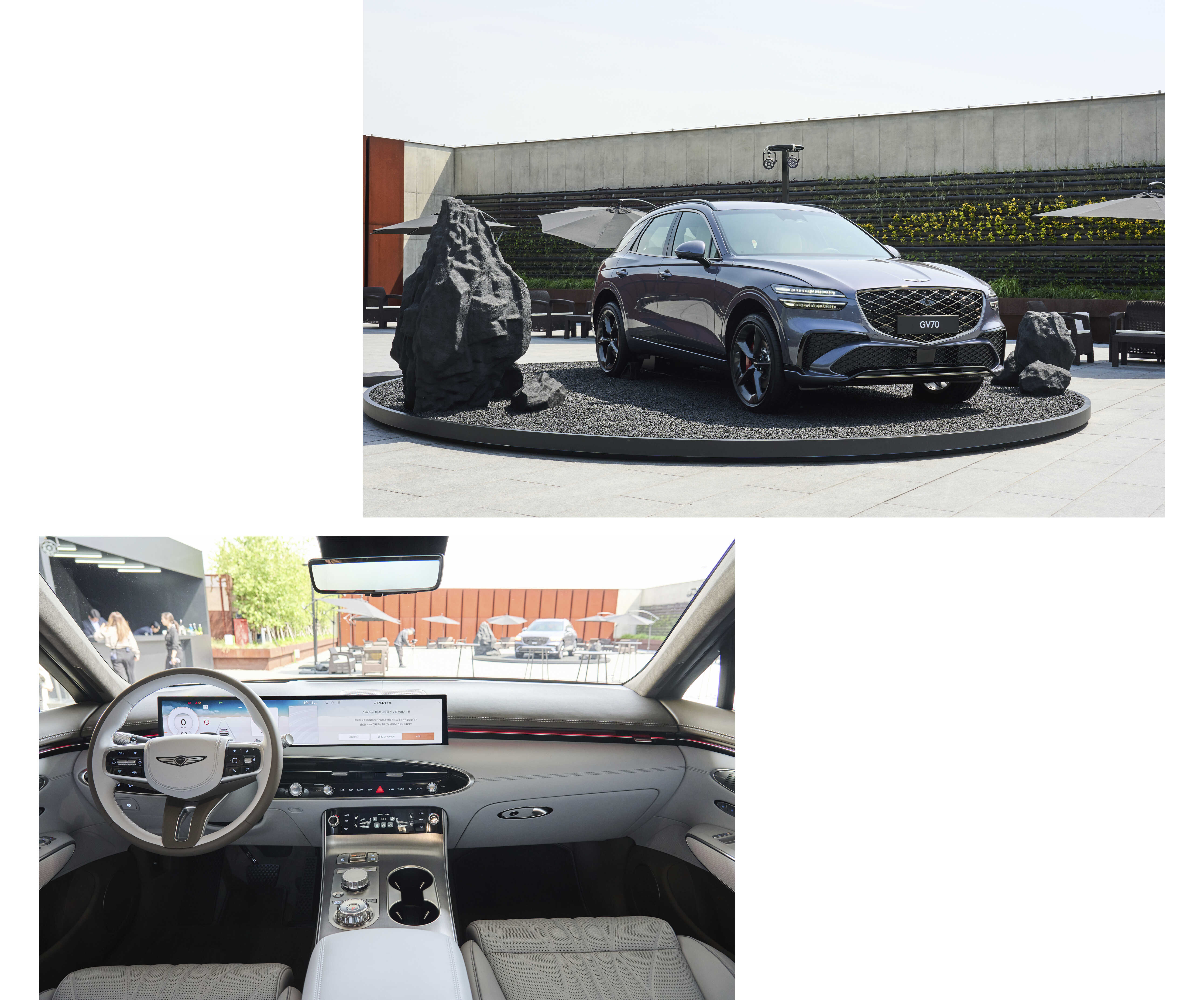 야외 무대에 전시된 그레이 컬러 중형 SUV 전측면, 1열 내부 모습