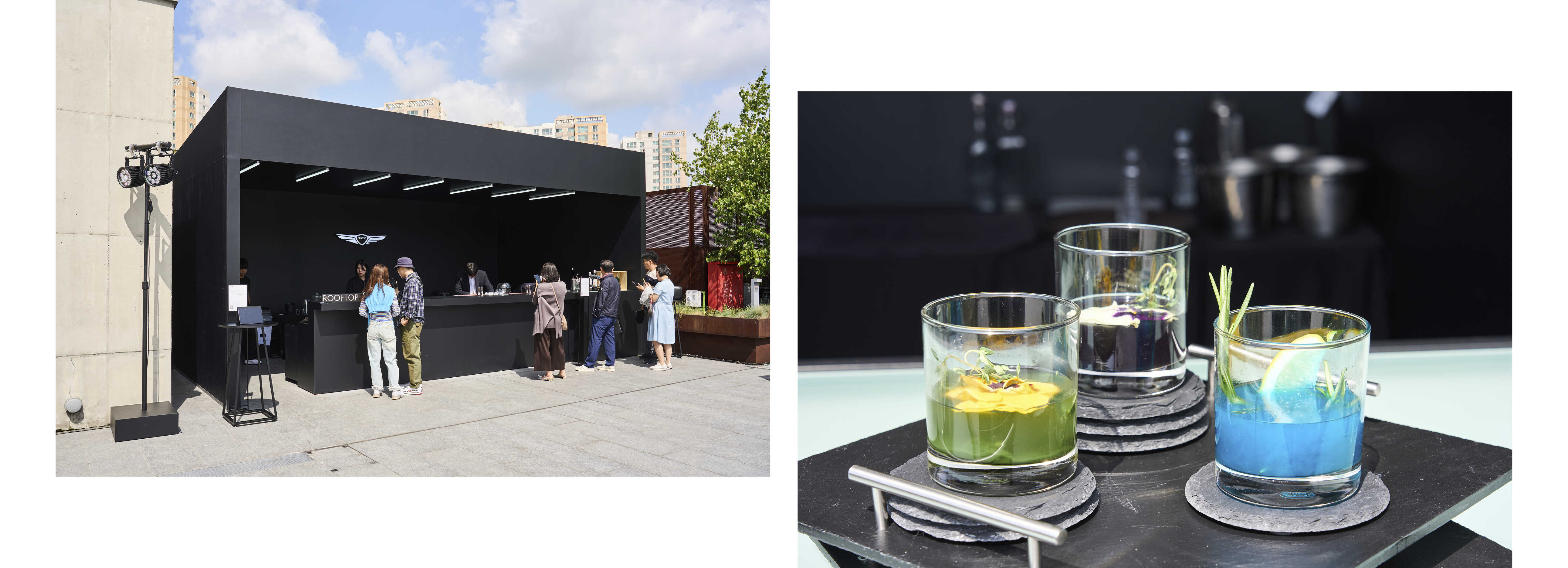 루프톱 간이 편의 시설에서 기다리는 사람들의 모습, 초록색 보라색 파란색의 유리잔 음료 모습