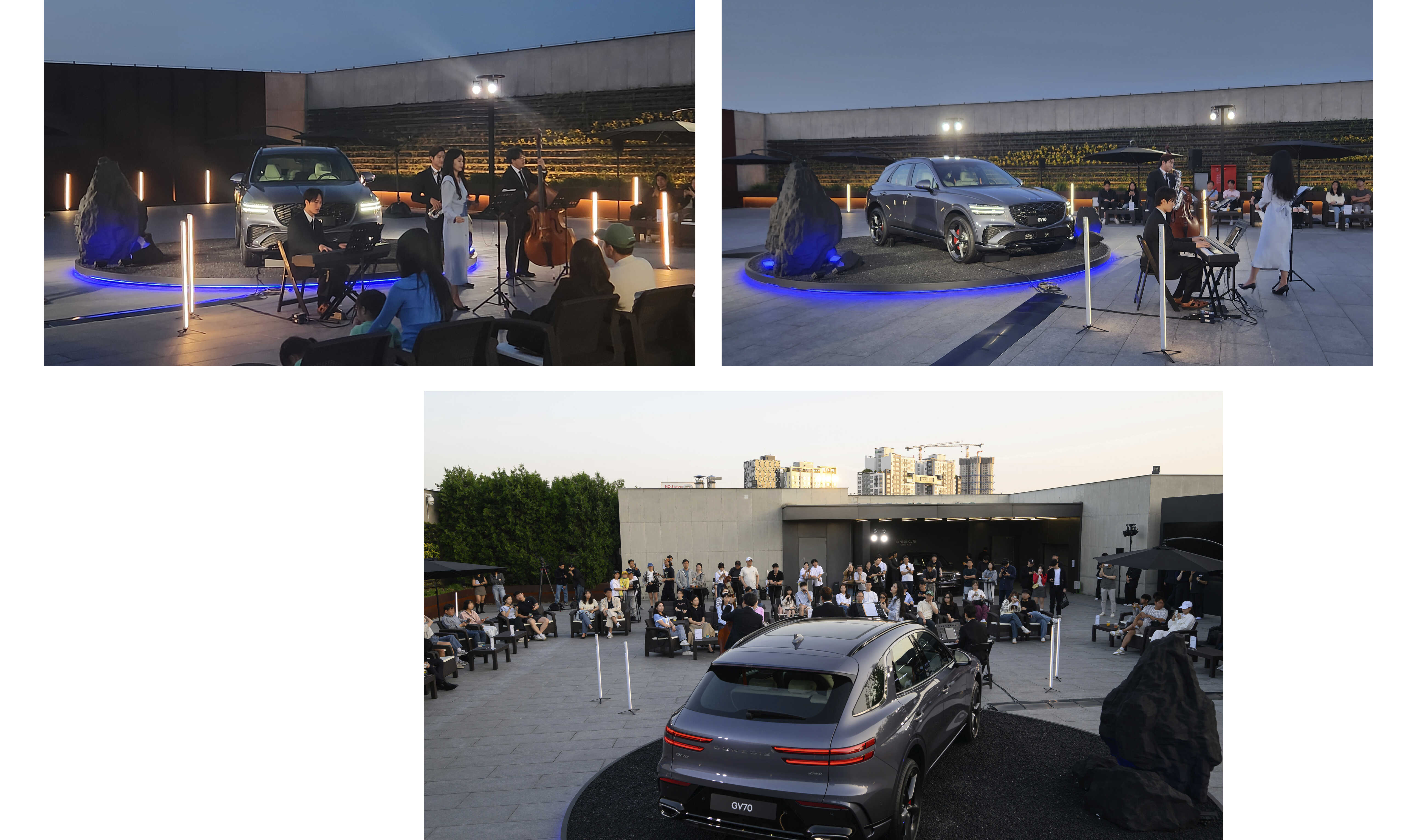 야외 무대에 전시된 그레이 컬러 중형 SUV 중심으로 공연이 열리는 모습