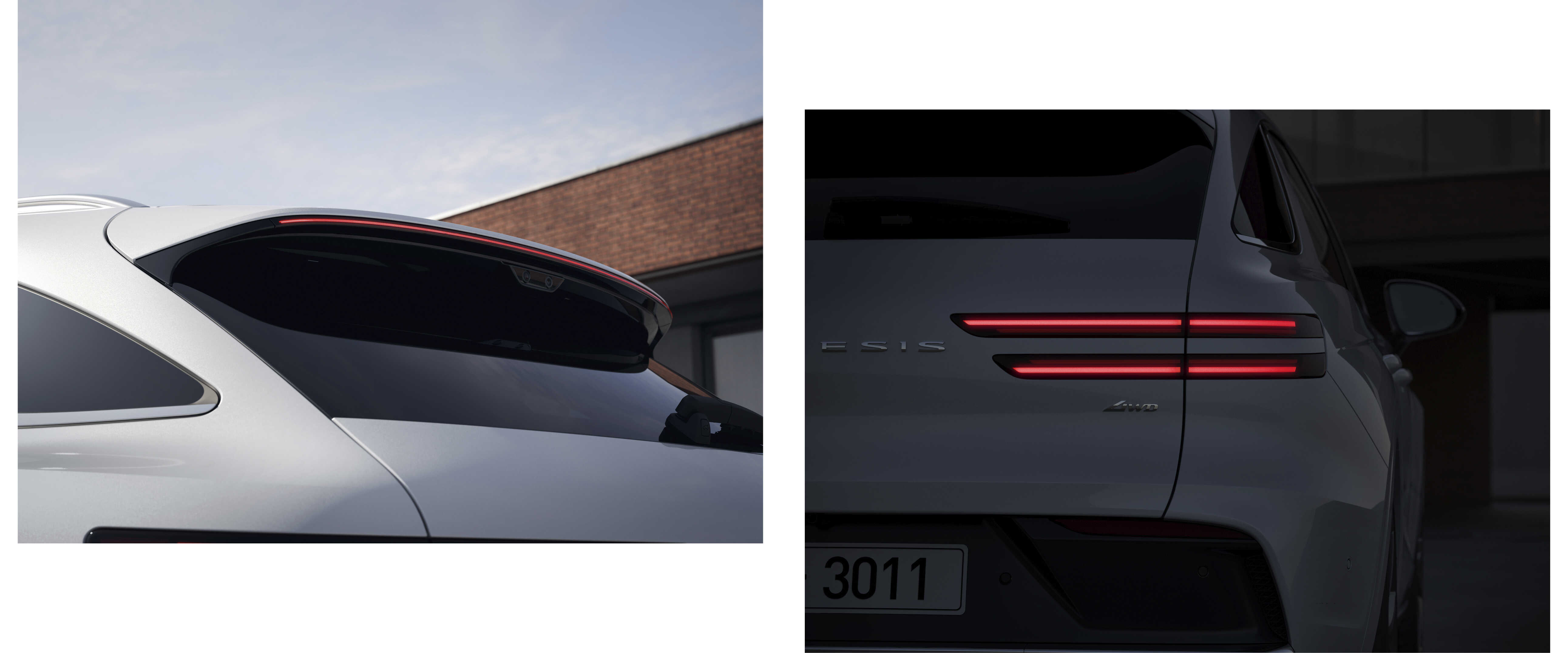 어두운 야외에 루프 스포일러와 리어램프가 불빛을 밝힌 모습