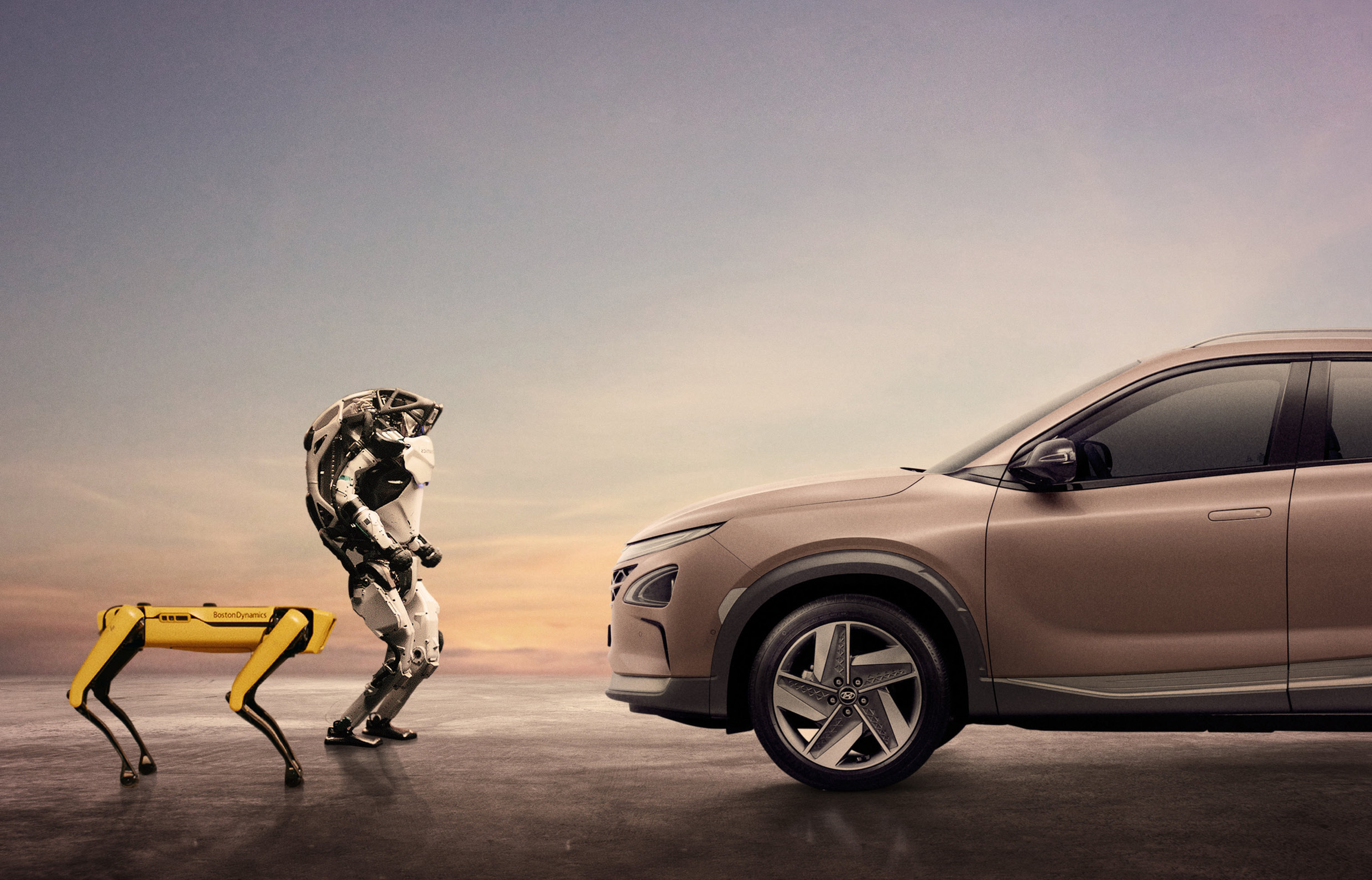 보스턴 다이내믹스의 로봇과 넥쏘가 마주보고 있는 장면