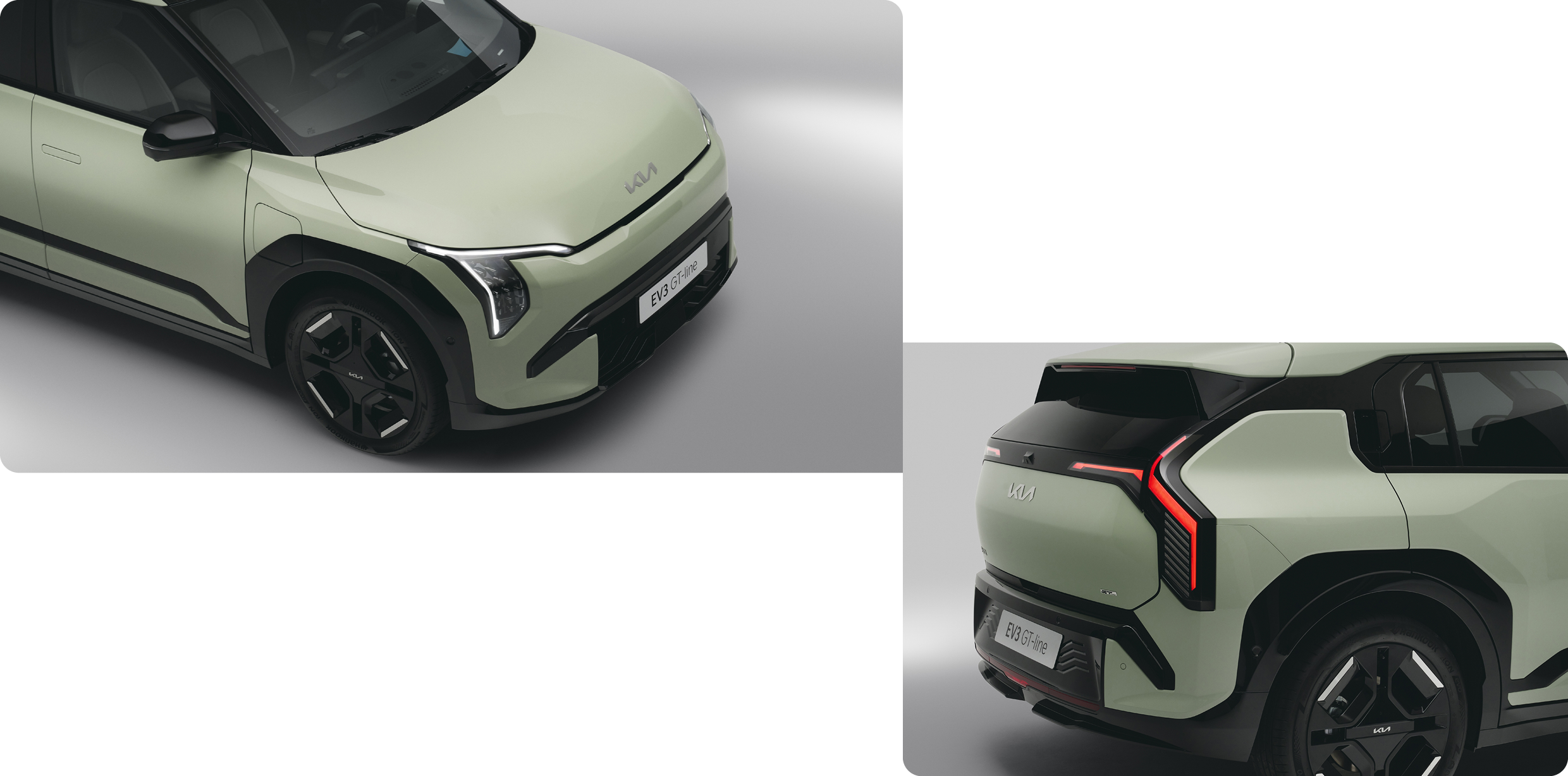 회색 스튜디오에 놓여진 소형 SUV를 상단에서 바라본 정면 및 후면 모습