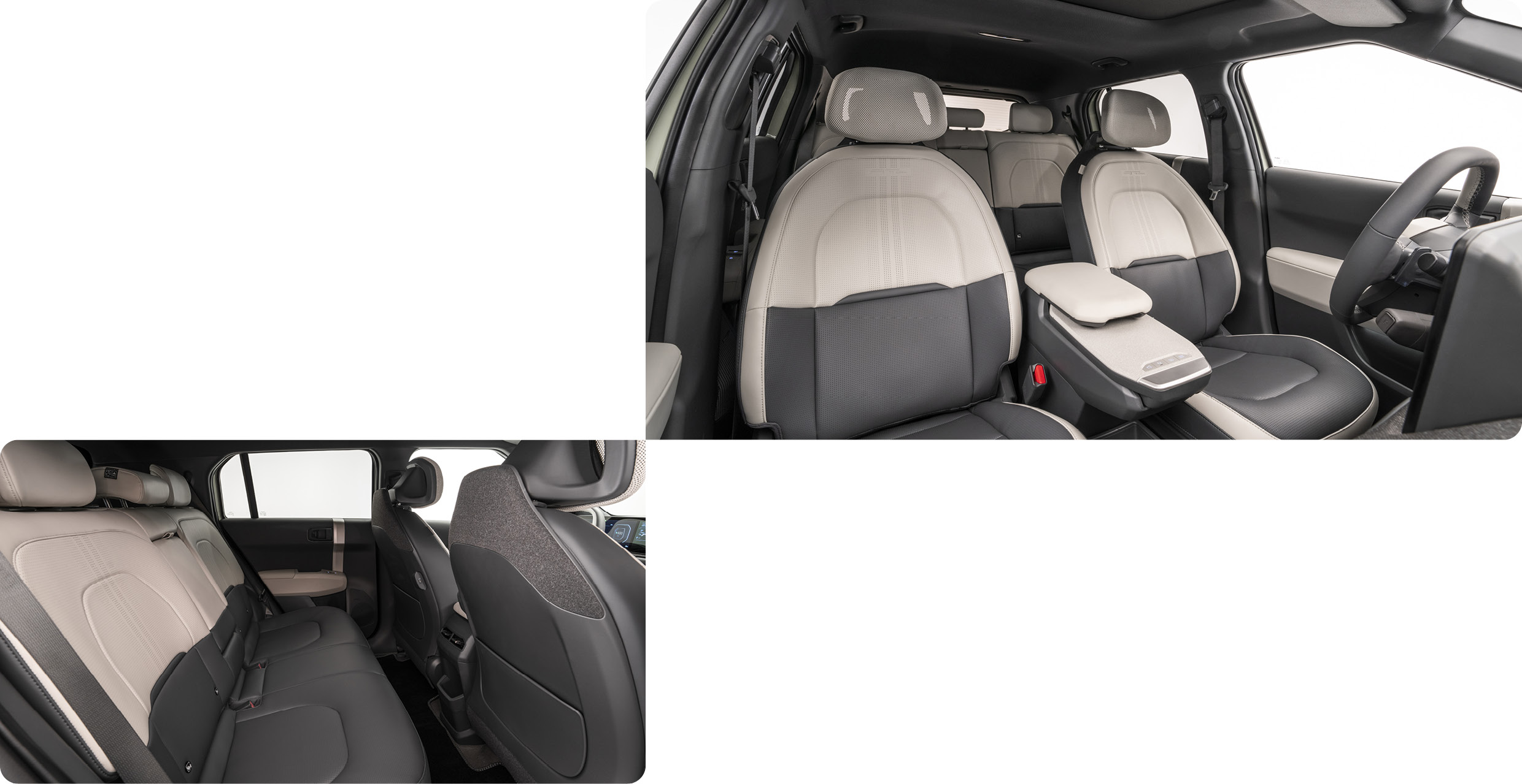 소형 SUV 실내를 조수석에서 후면을 향해 바라본 모습 및 2열 측면에서 바라본 모습