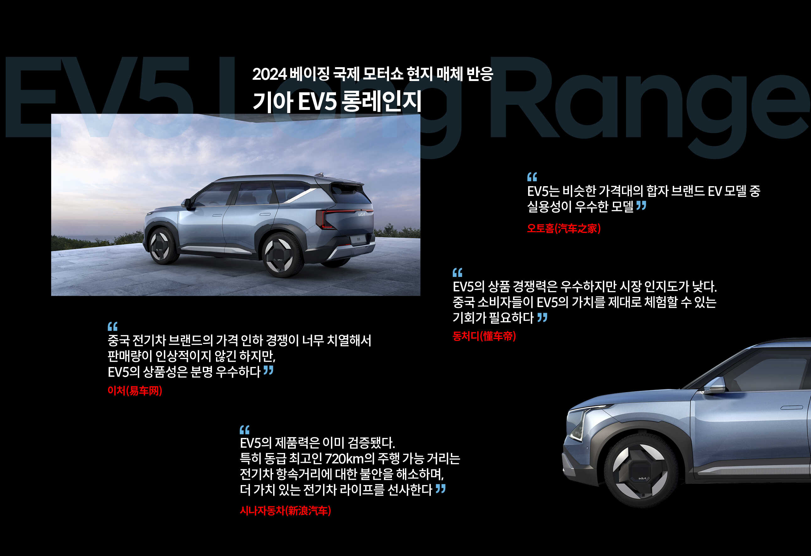 2024 오토차이나에서 기아가 공개한 EV5 롱레인지 모델에 대한 중국 현지 매체들의 반응을 정리한 표