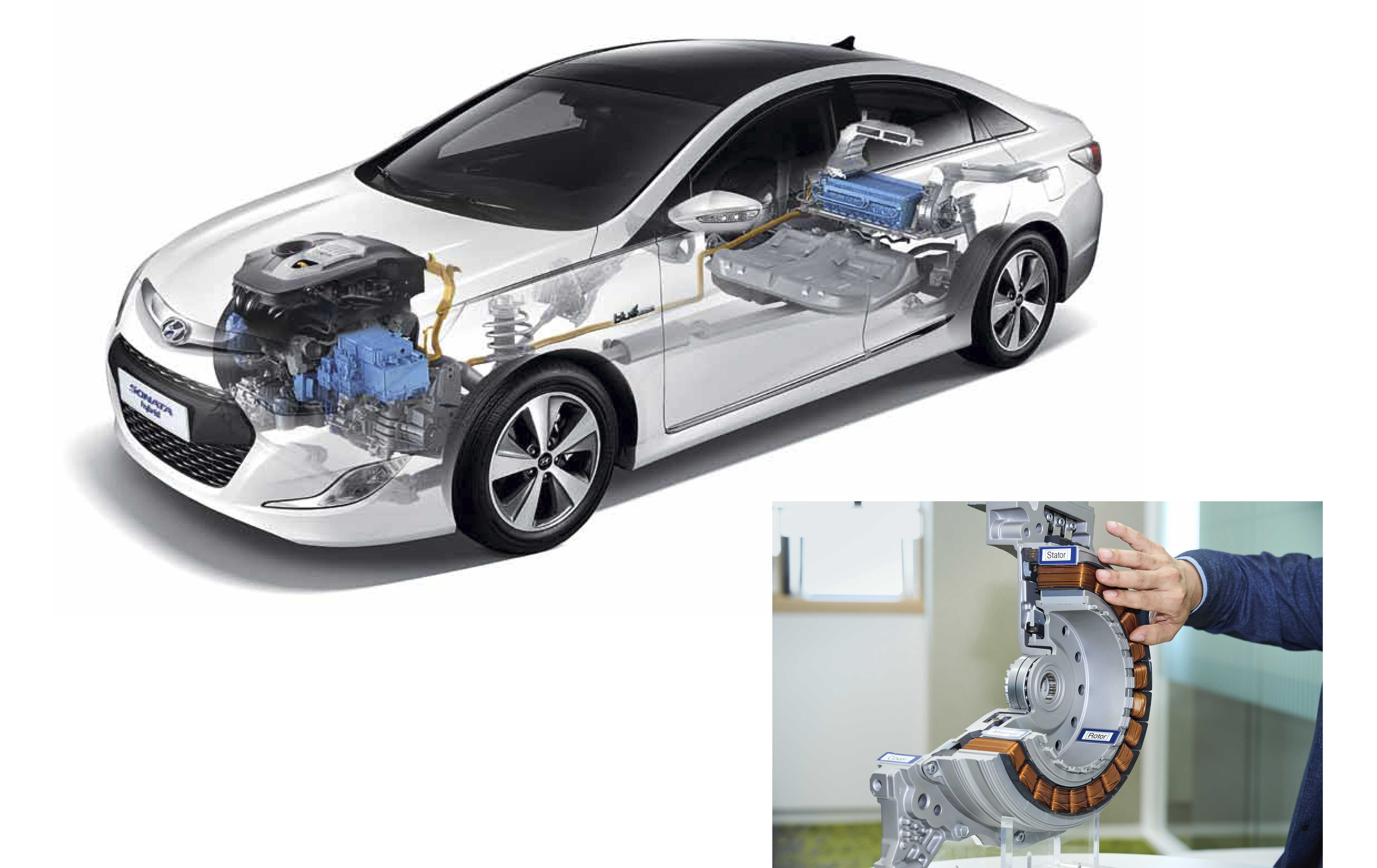 쏘나타 하이브리드의 구조를 보여주는 투명도와 구동모터의 모습