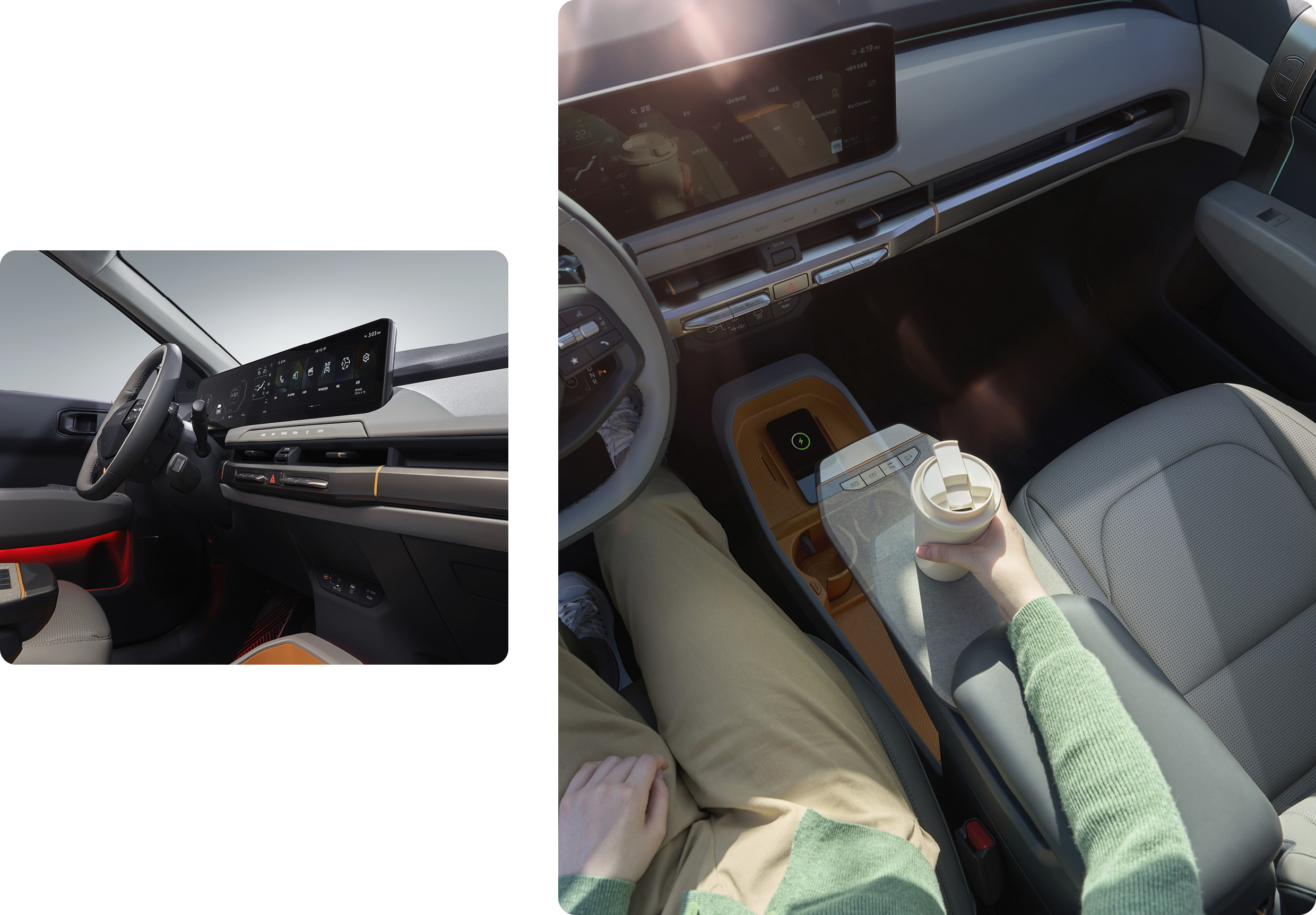 Digital cluster screen and view of sliding console table from sunroof