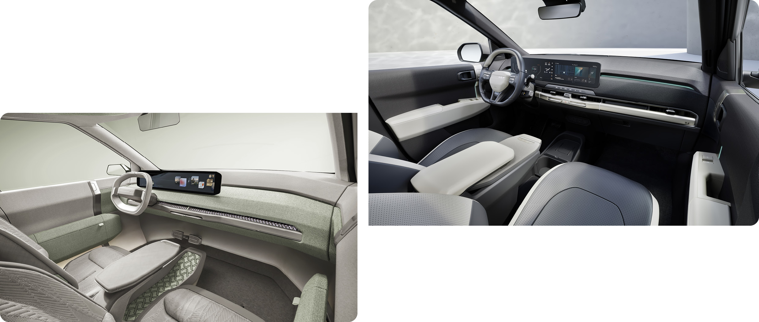 1열 조수석 시야에서 각각 바라본 EV3 콘셉트카와 양산차 실내 1열 모습