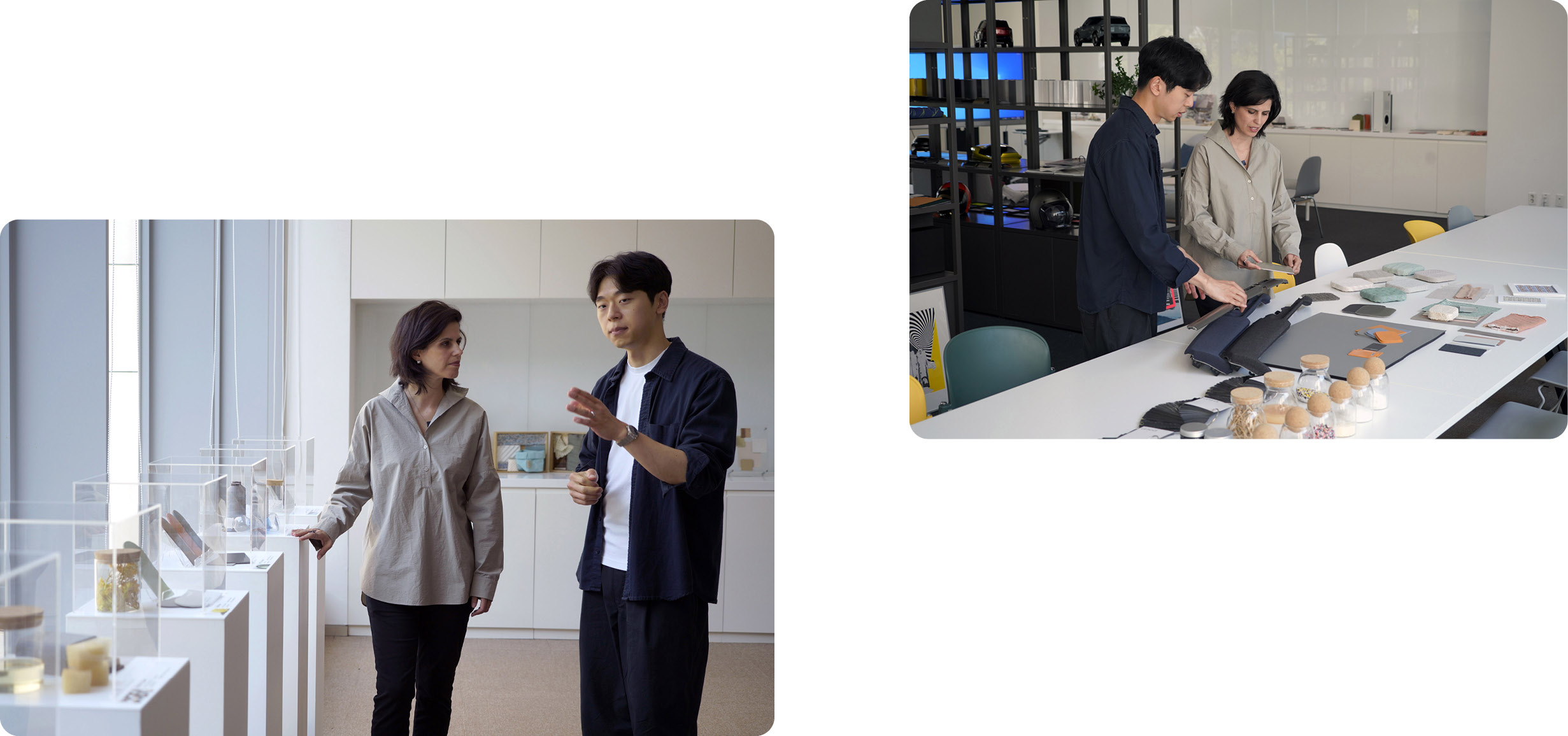 디자인 작업 공간에서 여성과 남성이 함께 서서 대화하고 작업하는 모습