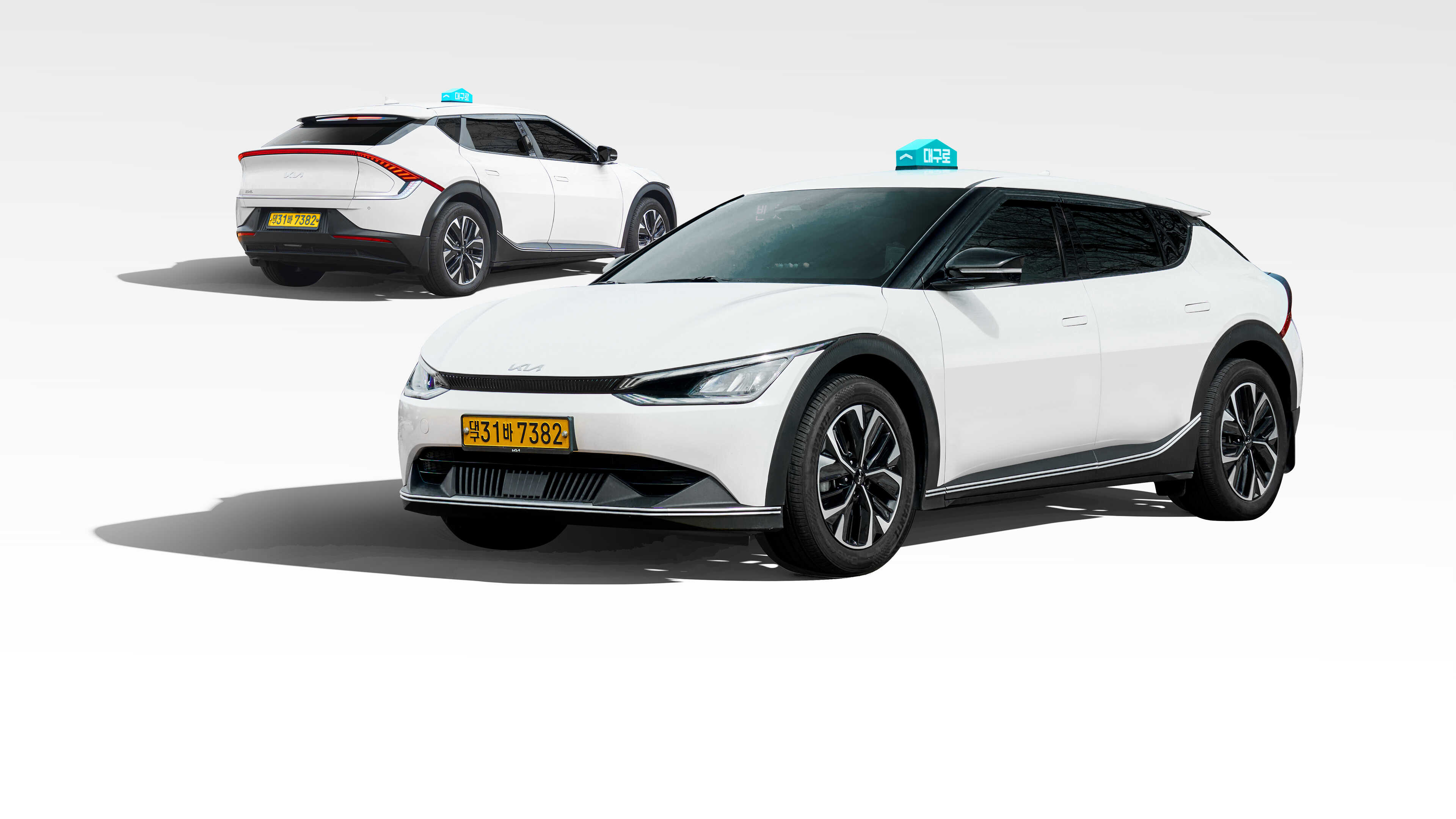 벚꽃이 만개한 공원에 EV6가 정차한 전측면 모습