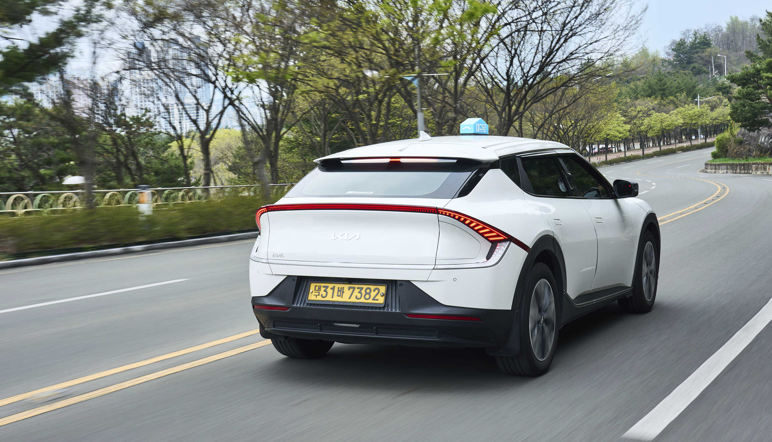 공원 도로를 주행하는 흰색 택시 후측면 모습