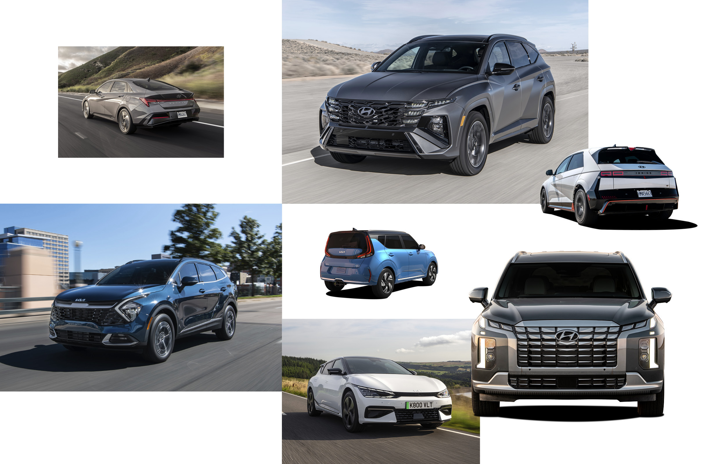 사막, 숲길 등을 주행하는 현대, 기아의 승용차 및 SUV 이미지 조각 모음