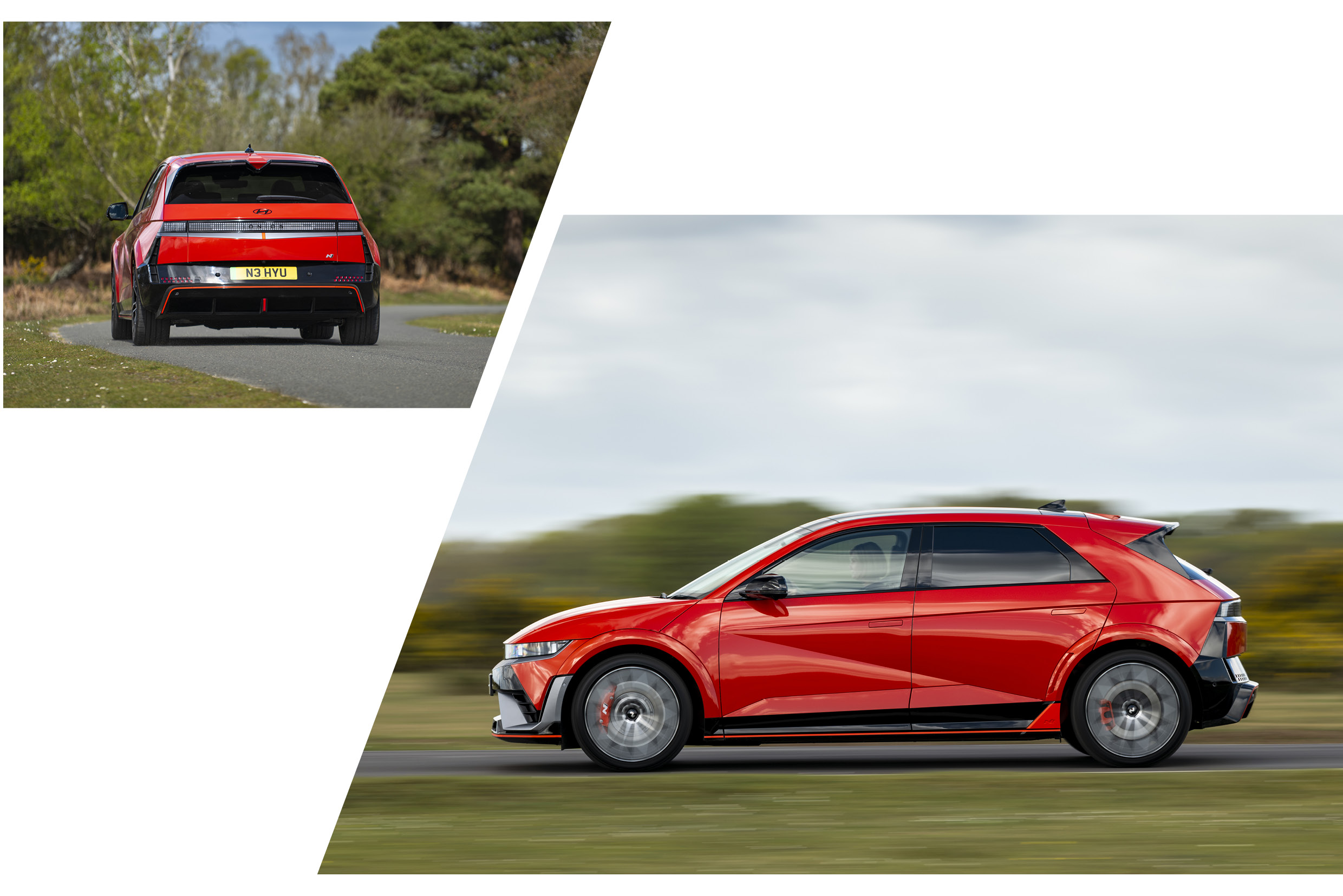 빨간색 아이오닉 5 N이 교외 도로를 주행하는 정측면 및 후면 모습