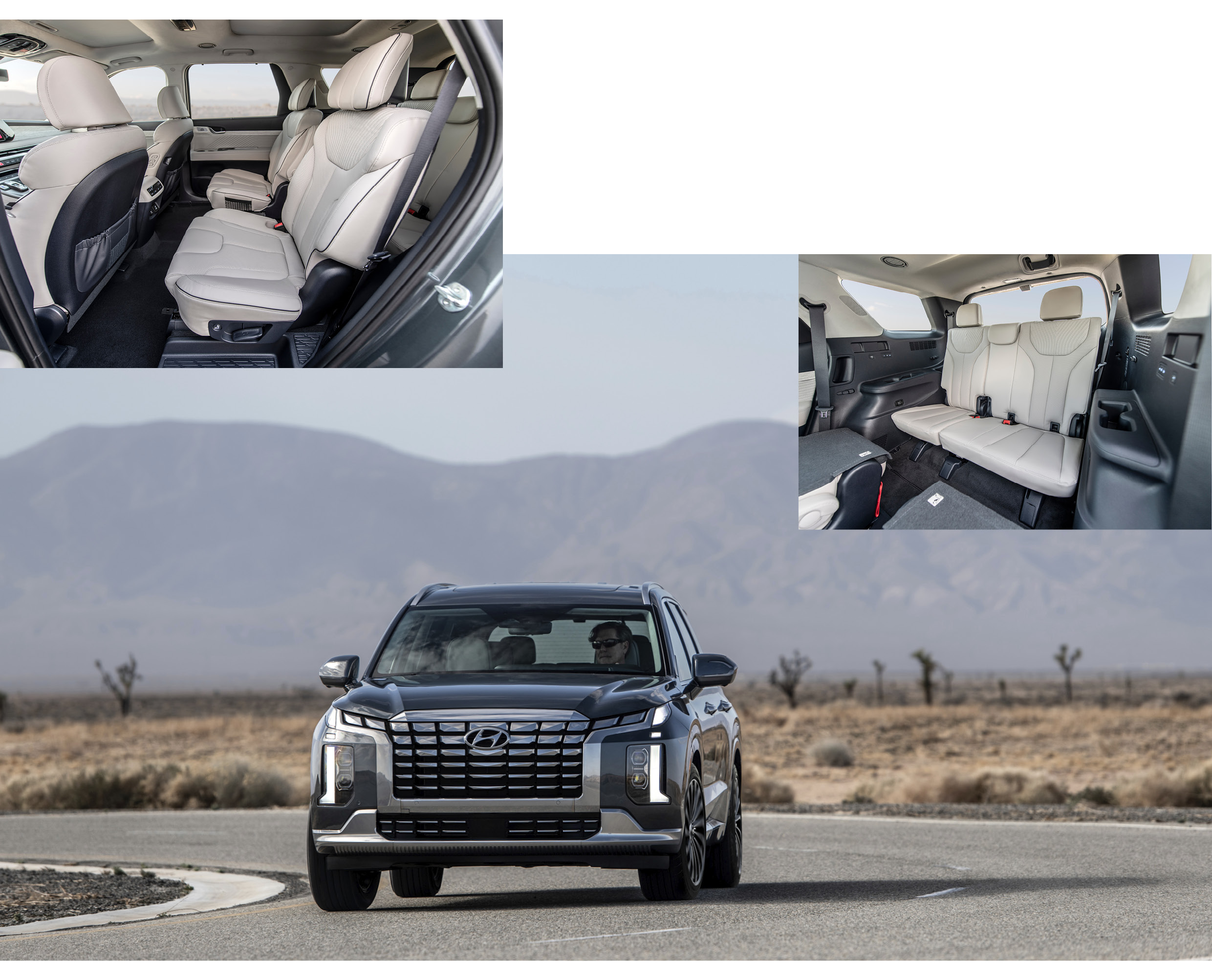 사막 도로를 주행하는 팰리세이드 정면 모습 및 2열과 3열 실내 모습