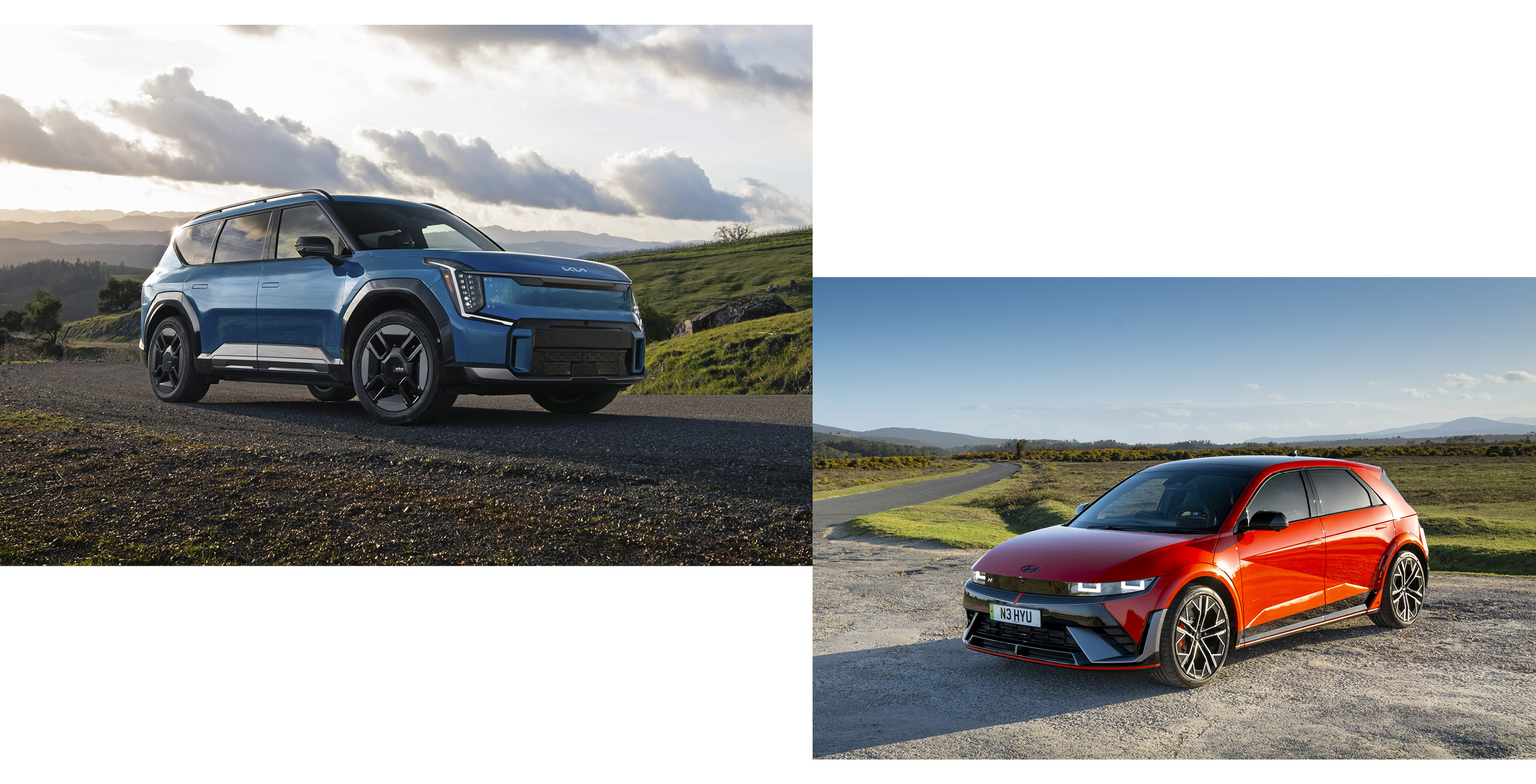 들판에 정차한 파란색 EV9 전측면 및 빨간색 아이오닉 5 N 전측면 모습