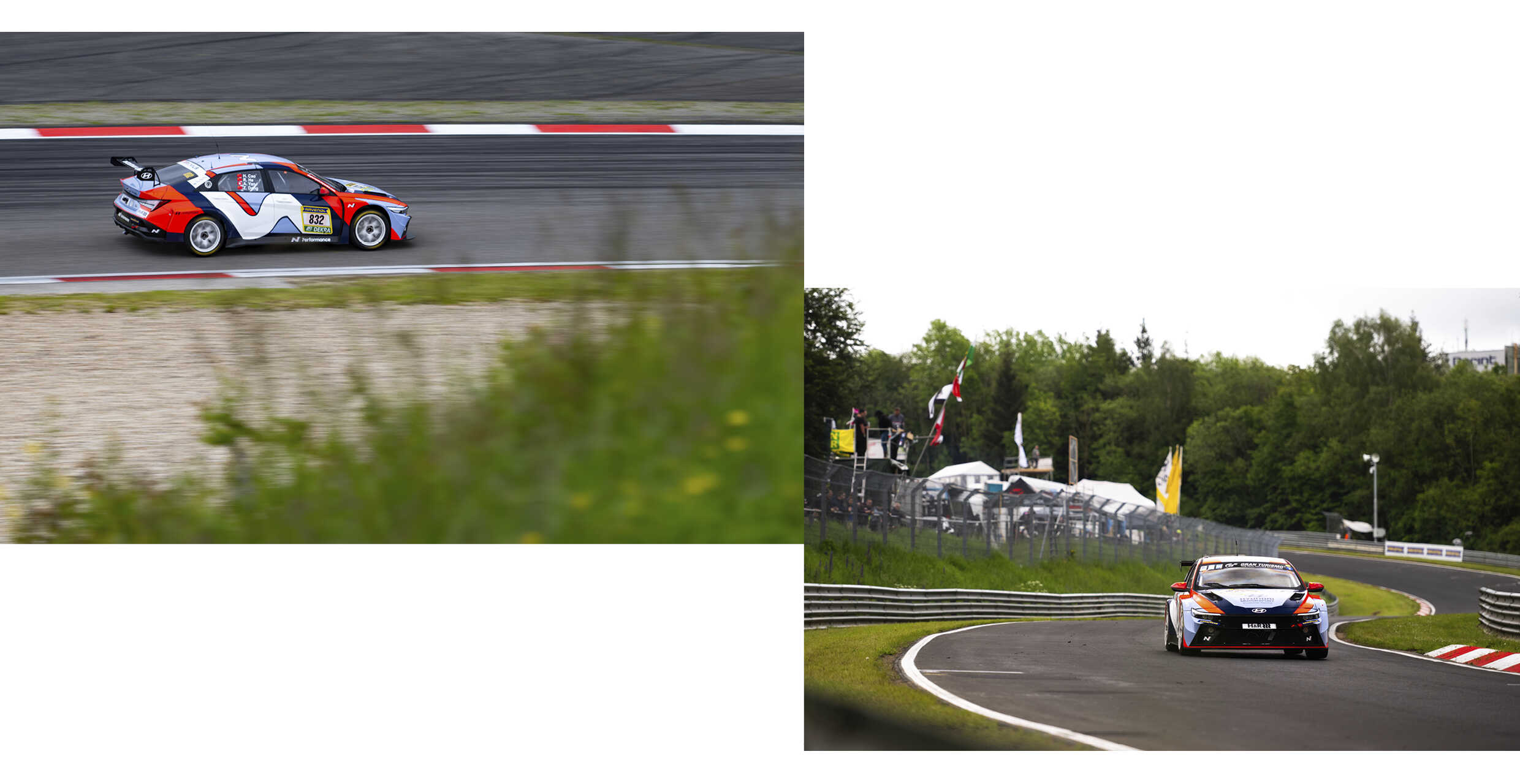 아반떼 N TCR이 서킷을 주행하는 정면 및 측면 모습