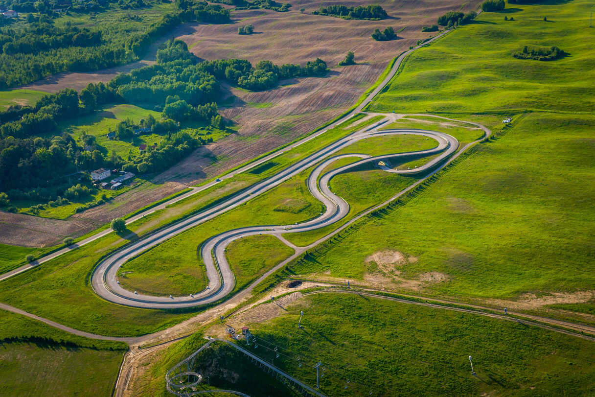 A view from the sky of Mikołajki Arena, where the super special stage of the Polish rally was held