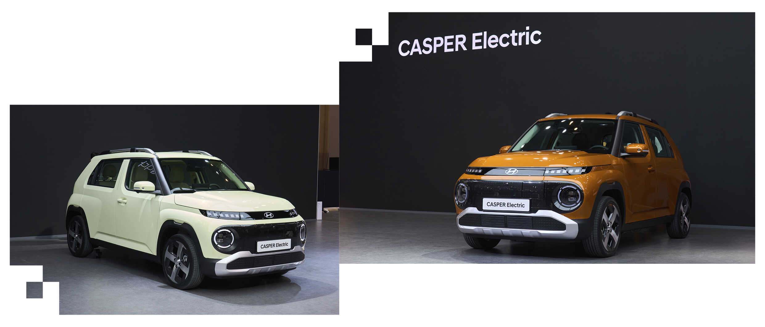 오렌지색 캐스퍼 일렉트릭이 검은 무대 위에 전시된 전측면 모습