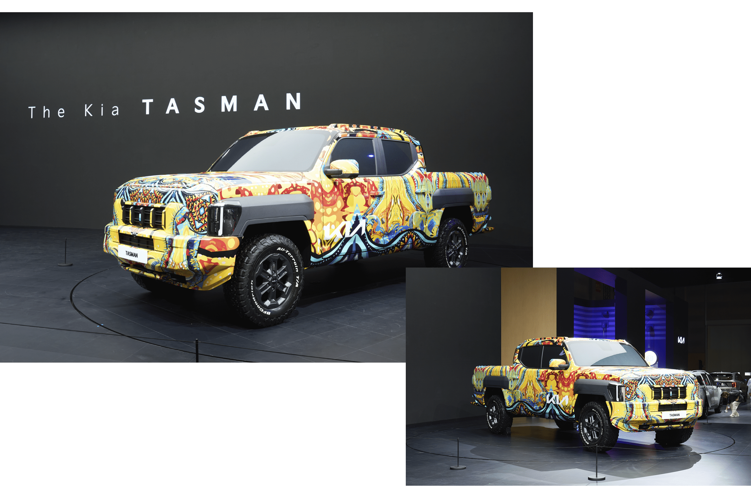 알록달록한 픽업이 검은색 전시관에 배치된 전측면 모습