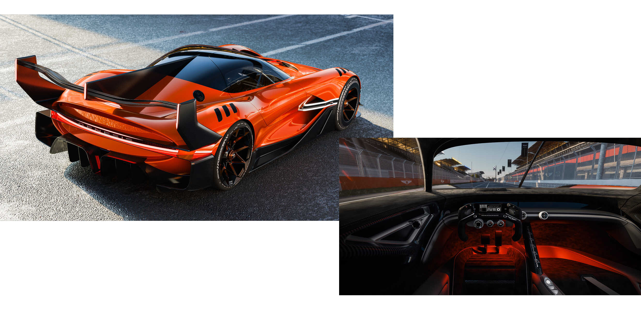 오렌지색 콘셉트카의 후측면, 운전석 모습