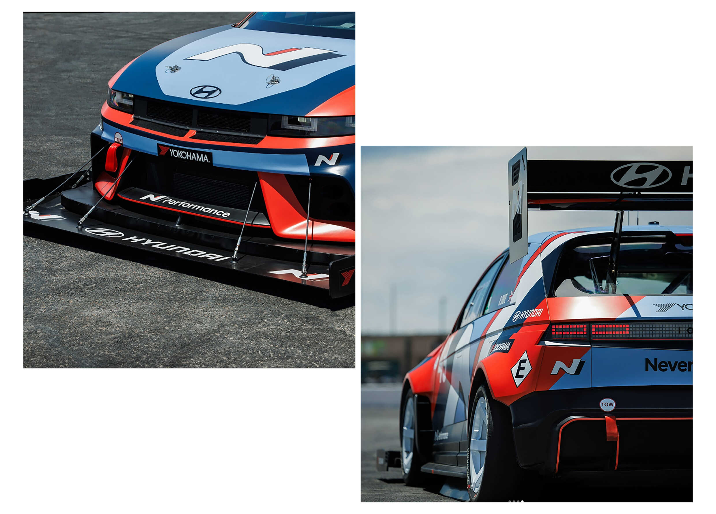 경주에 참가하기 위해 튜닝된 경주 차량의 앞과 뒷모습