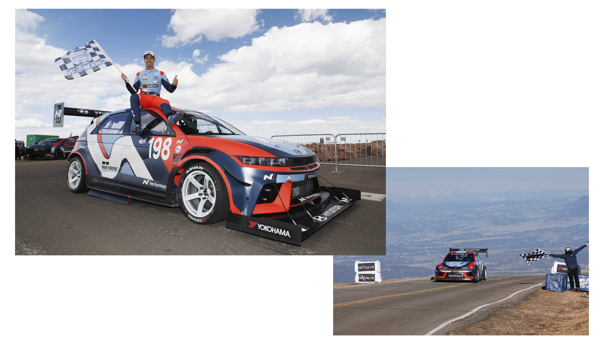 A view of a race car passing through a checker and a driver on the roof of the car