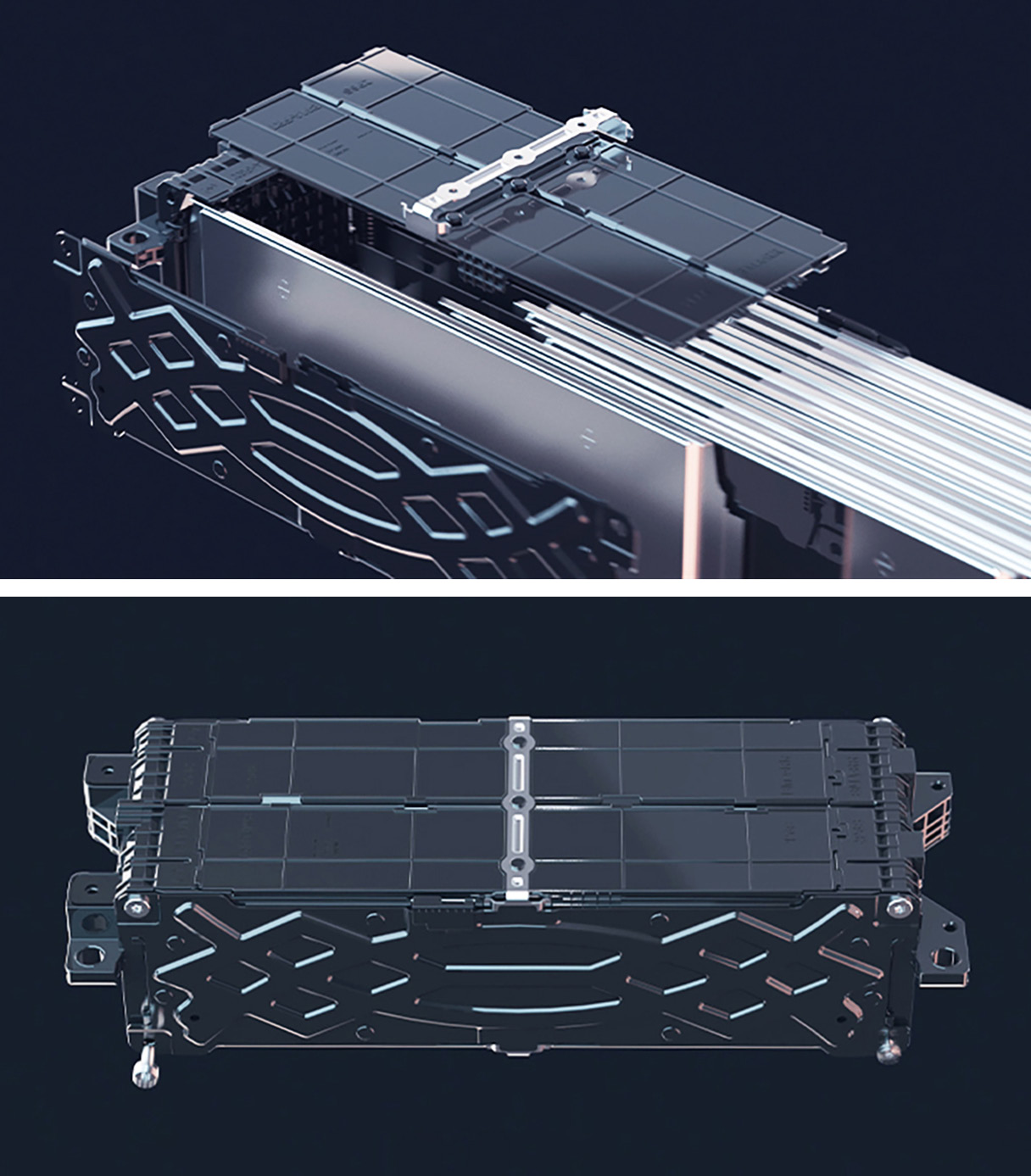 배터리 셀이 모인 하나의 모듈을 다양한 시점으로 보여주는 모습