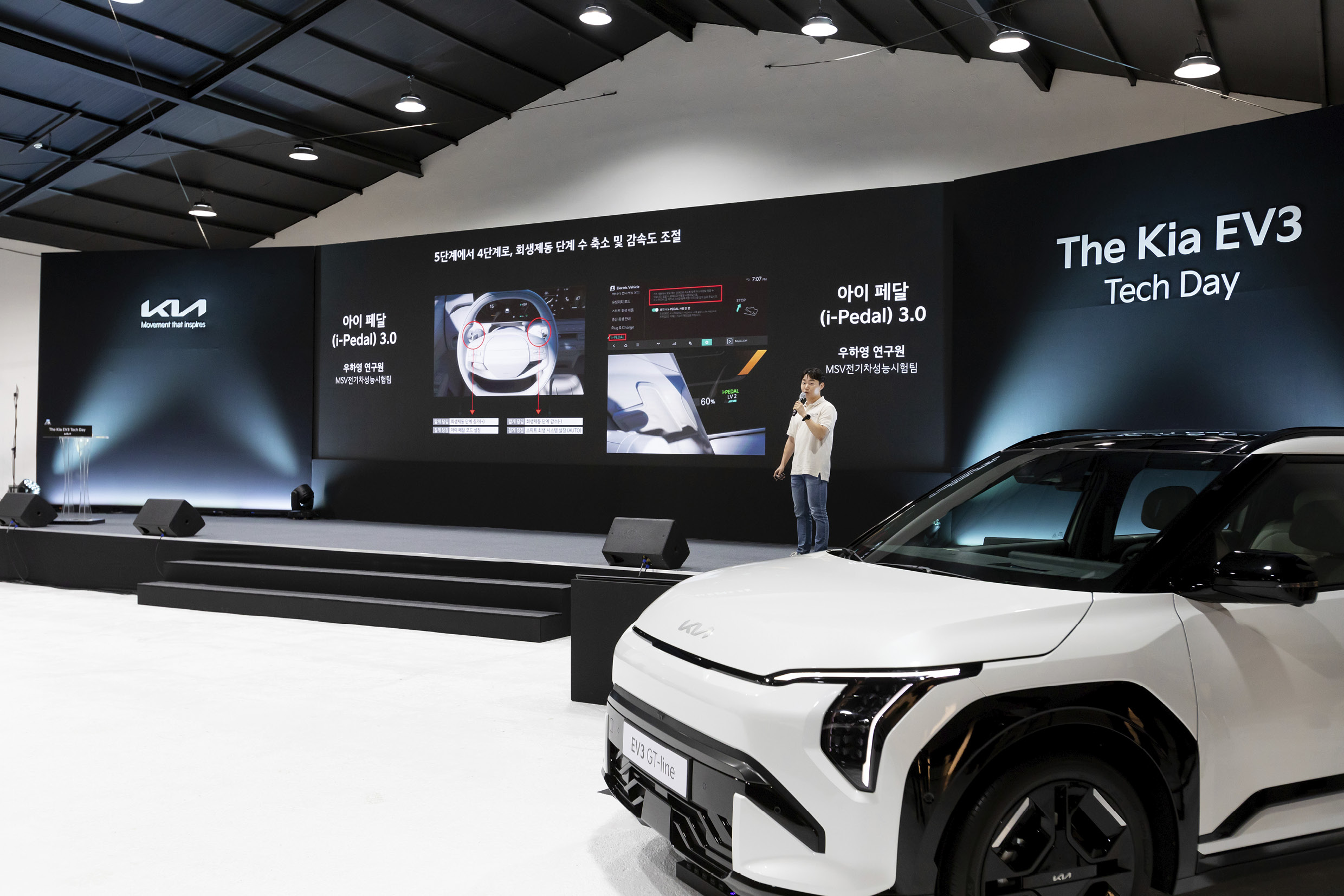 흰색 차 뒤로 무대에 선 남성이 프레젠테이션하는 모습