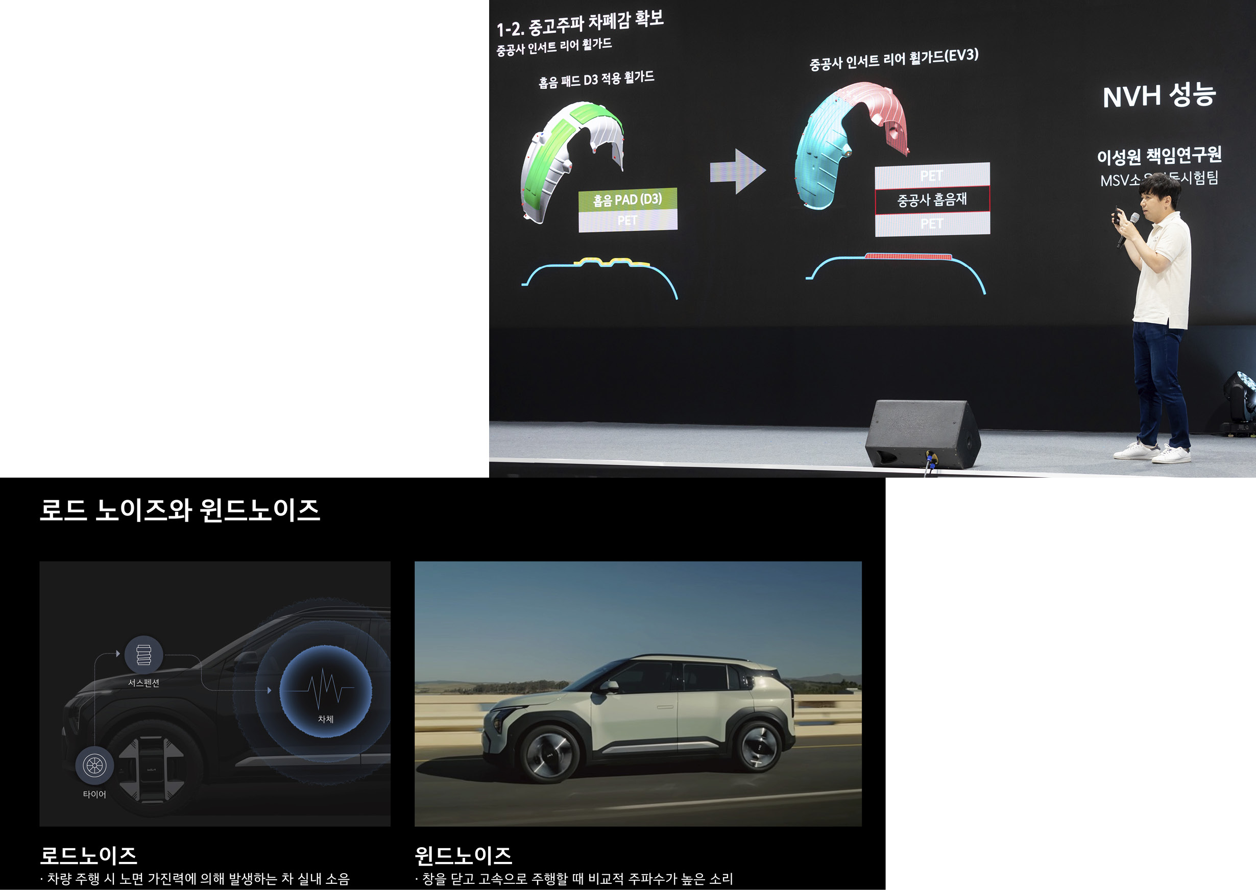 무대에 올라 NVH 성능 개선에 대해 설명하는 남성의 모습