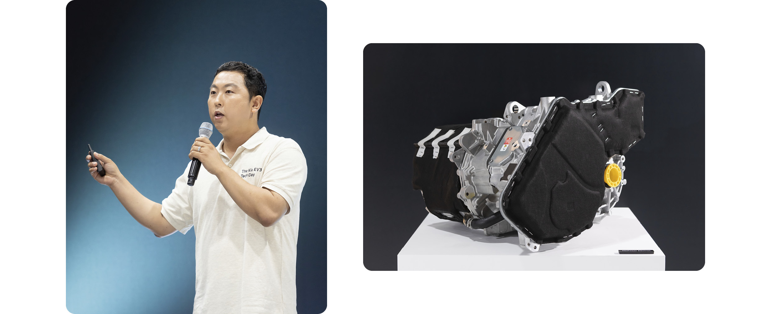 PE 시스템 전시 모습, 무대에 선 남성이 프레젠테이션하는 모습