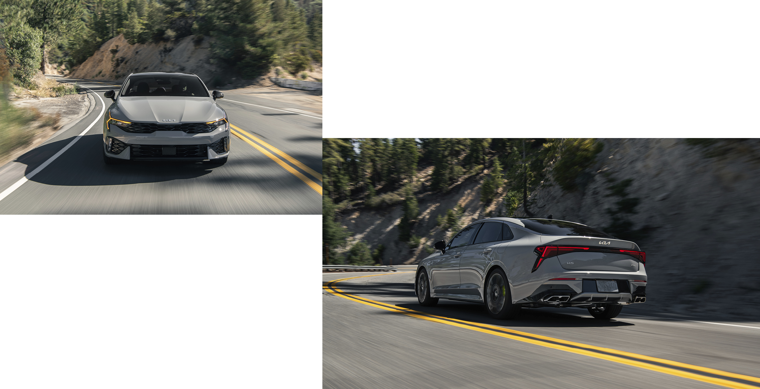 은색 세단이 미국 서부 산악 도로를 주행하는 전/후면 모습