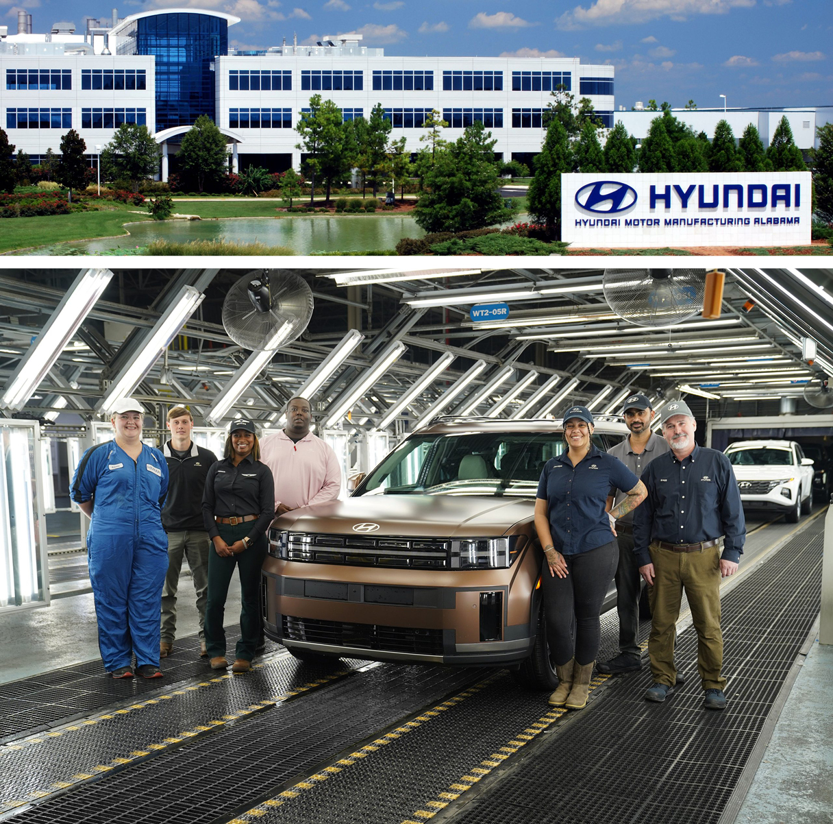 현대자동차 미국 공장 외부 및 출고 직전 직원이 포즈를 취한 모습