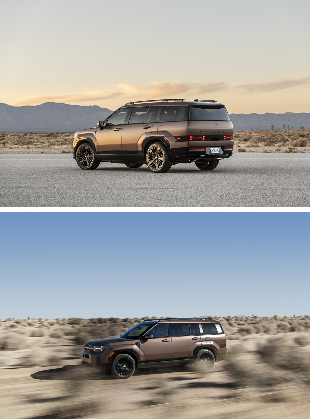 밤색 SUV가 사막 도로를 주행하는 전측면 모습 및 정차한 후측면 모습