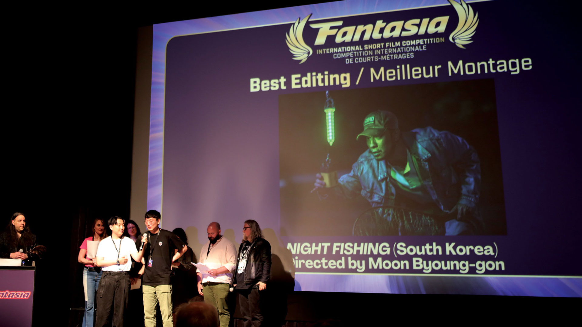판타지아 국제 영화제에서 '밤낚시'로 최고 편집상을 수상한 문병곤 감독과 관계자