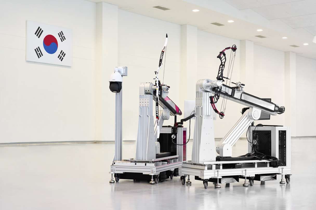High-precision shooting machines on display indoors