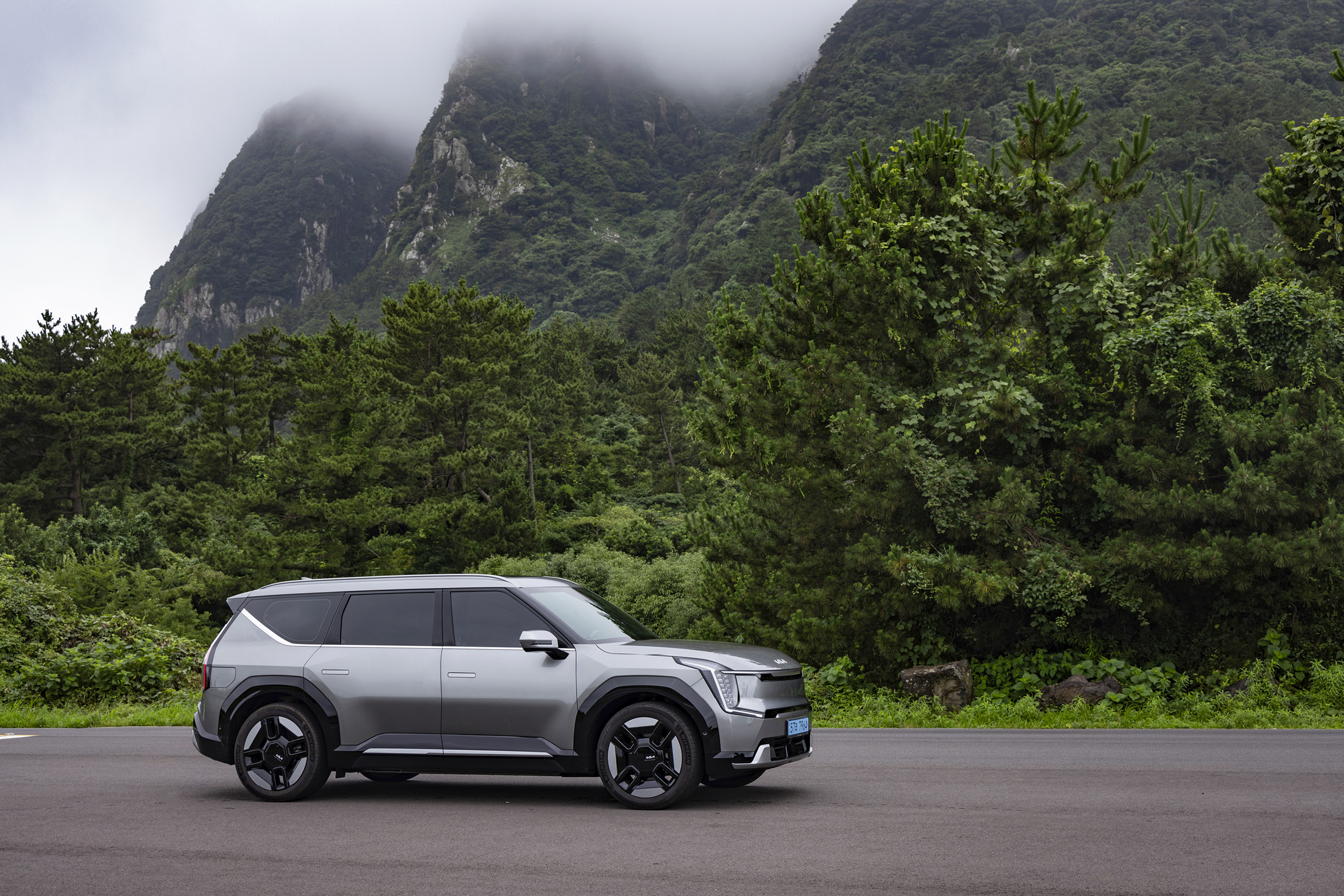 회색 SUV가 안개 낀 산을 배경으로 정차한 측면 모습