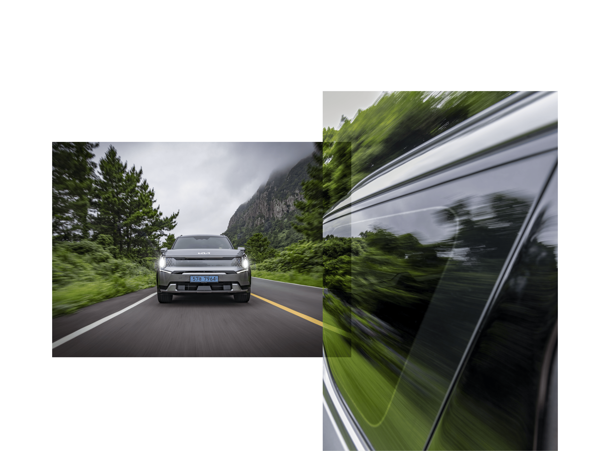 회색 SUV가 산길을 주행하는 정측면, 3열 측면 유리 모습