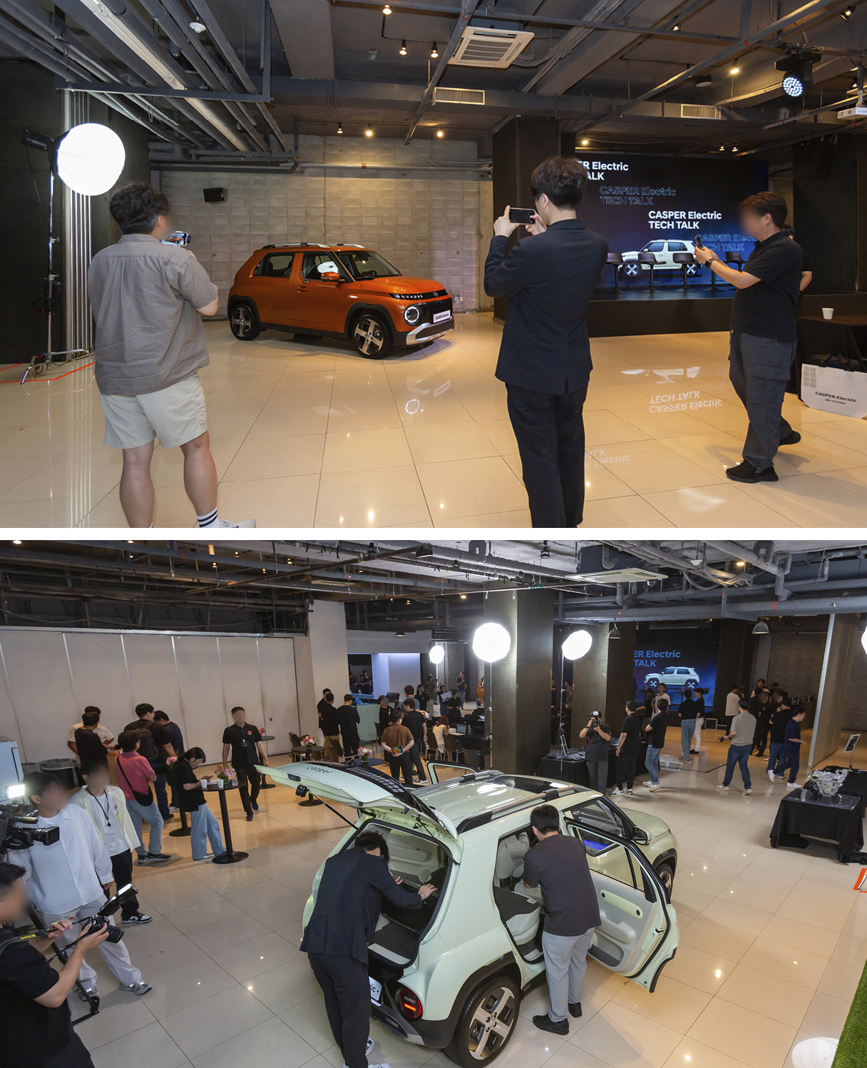 캐스퍼 일렉트릭 테크 토크에 참석한 기자들이 차를 둘러보는 모습