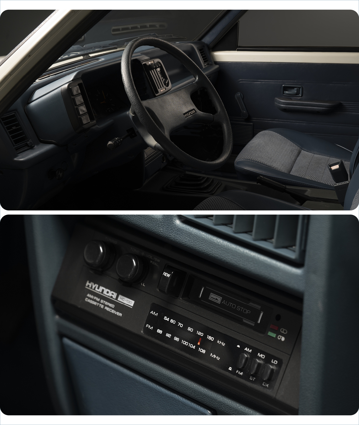 포니2 픽업의 운전석과 카세트테이프 오디오 모습