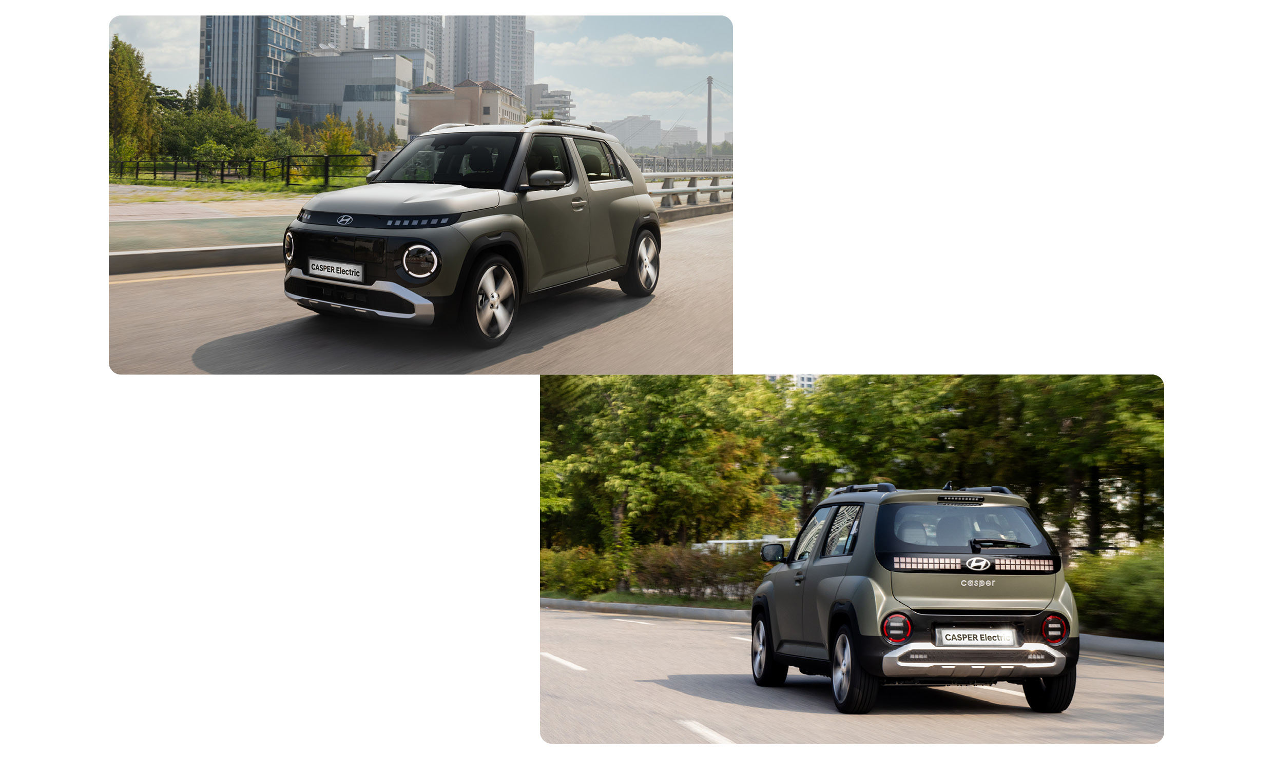 도심을 주행하는 캐스퍼 일렉트릭 전측면, 후측면 모습