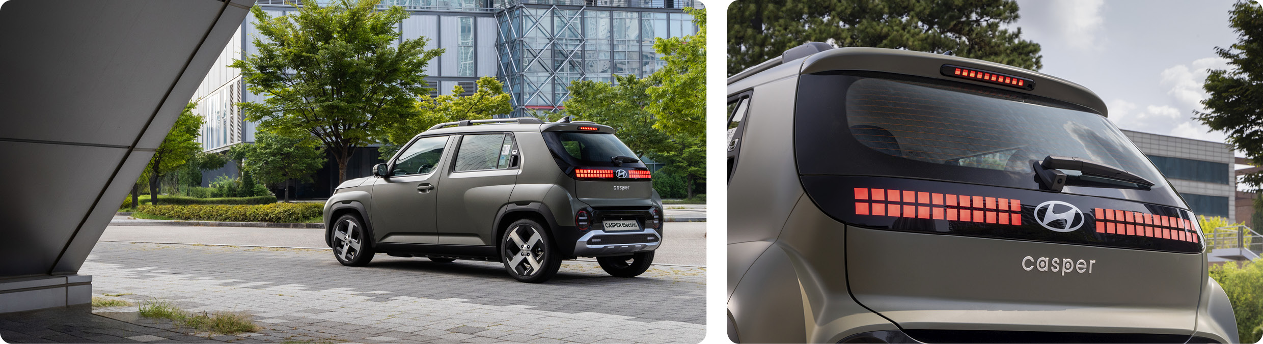 건물 앞에 정차한 캐스퍼 일렉트릭 후측면 모습