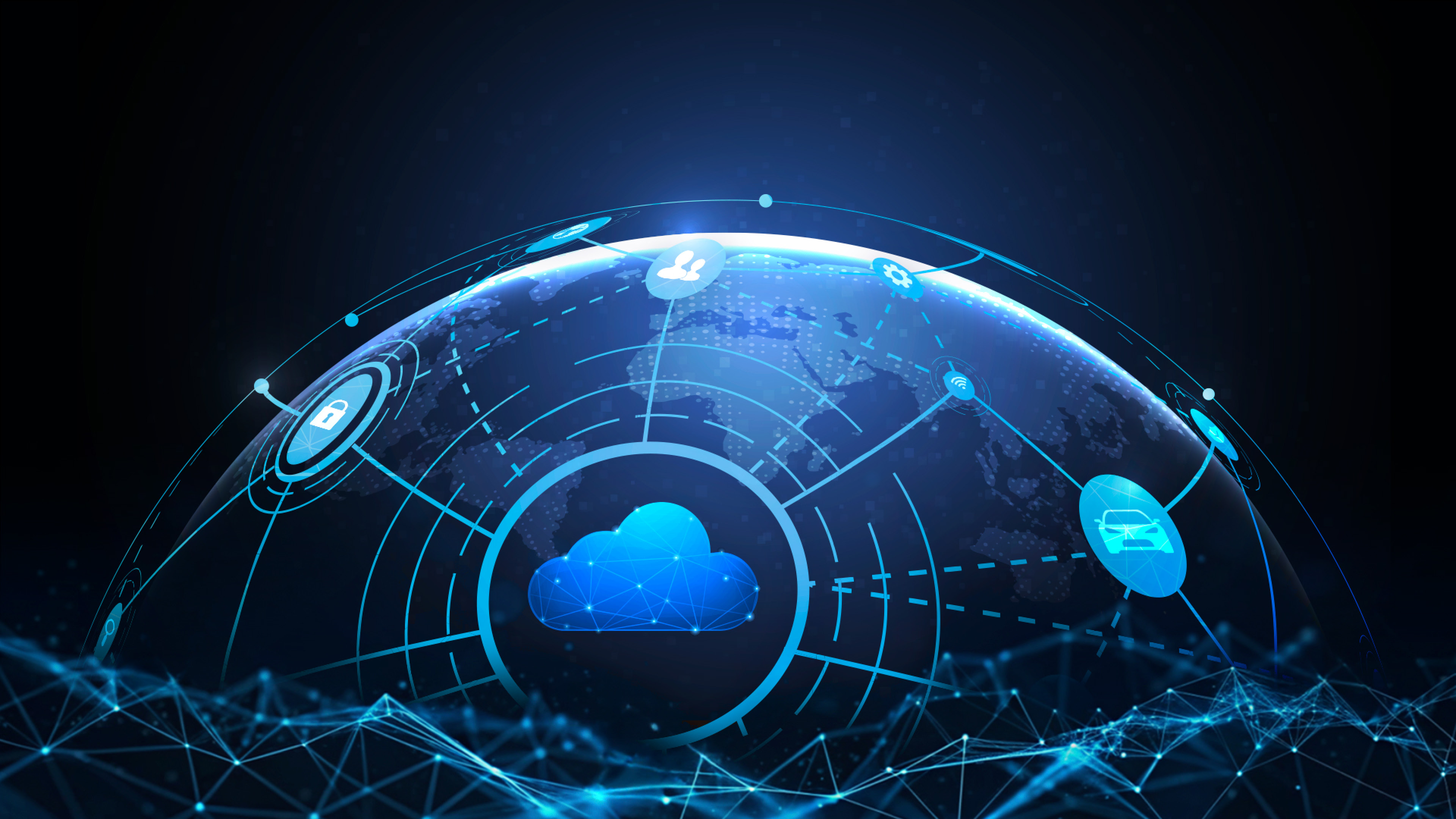 지구 위로 클라우드 서비스가 다양한 서비스를 연결하고 있다는 모습