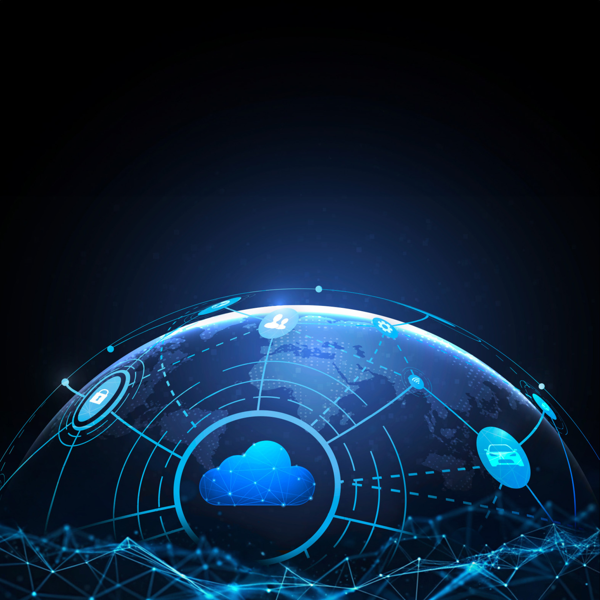 지구 위로 클라우드 서비스가 다양한 서비스를 연결하고 있다는 모습